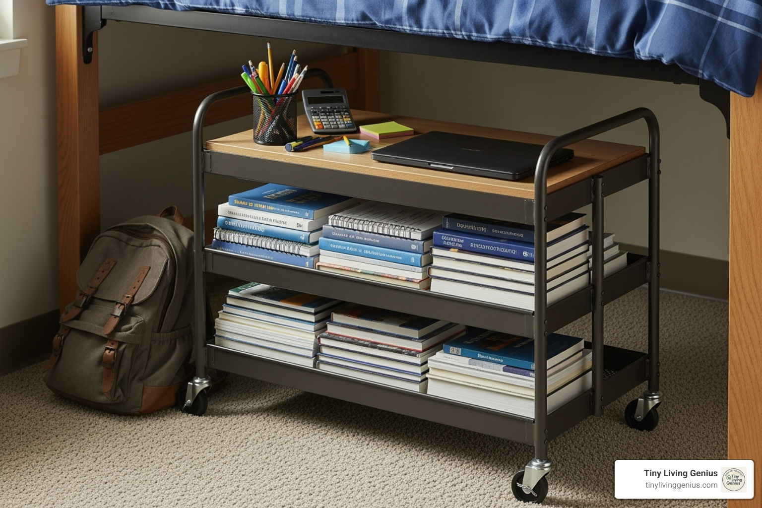 a multi-tiered rolling cart filled with textbooks and supplies - under loft bed storage ideas dorm