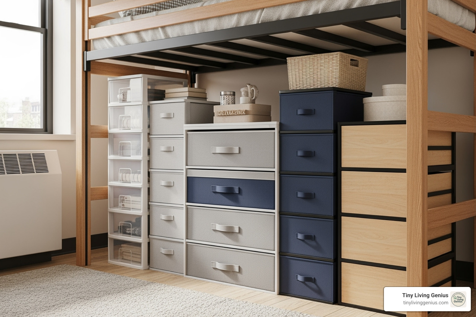 different styles of drawer units fitting neatly under a loft bed - under loft bed storage ideas dorm