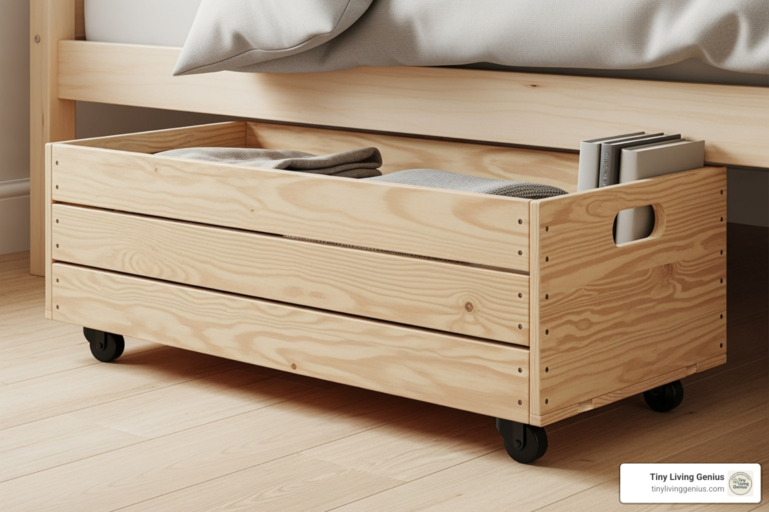 a DIY rolling storage crate made from wood - under loft bed storage ideas dorm