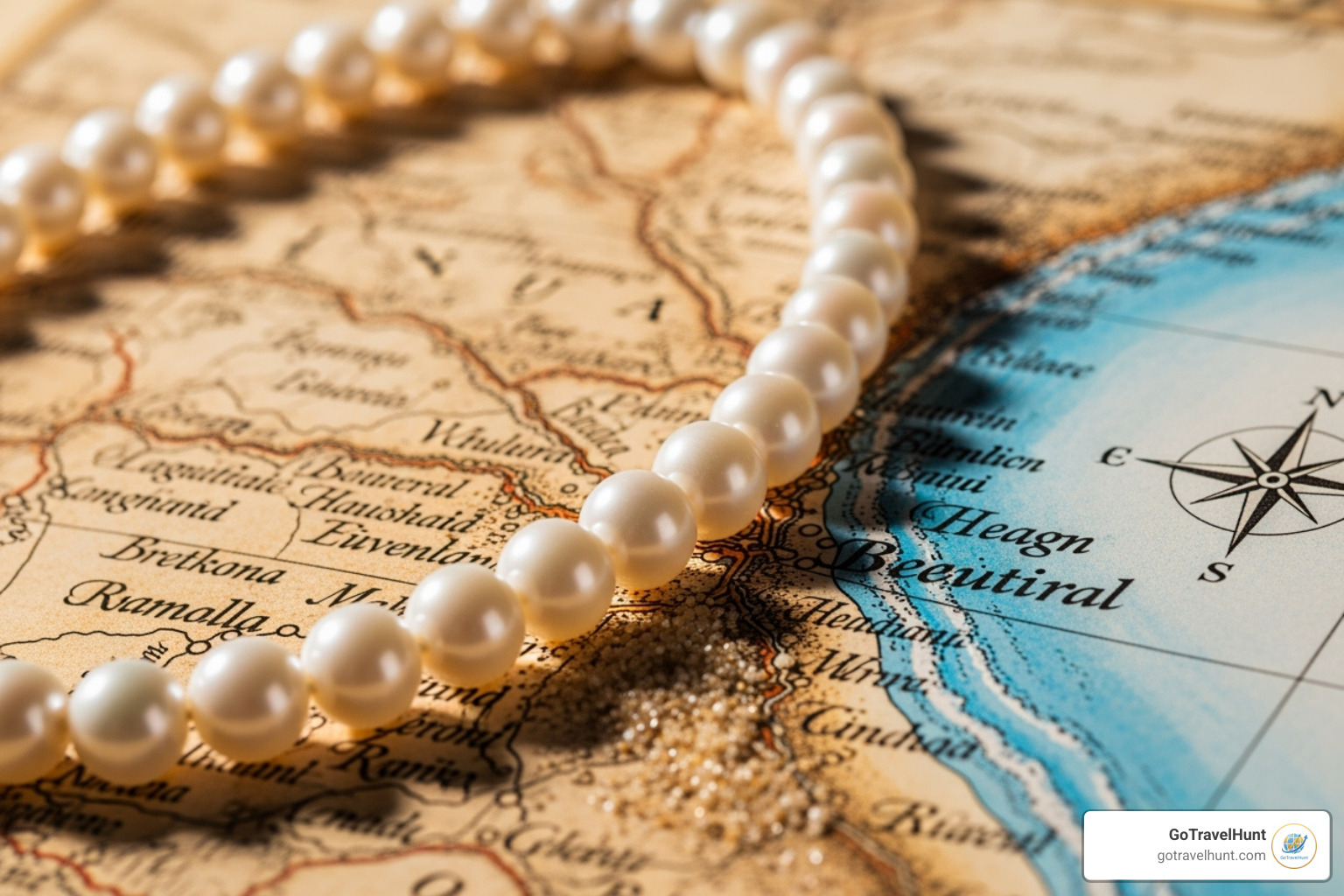 a pearl necklace draped over a vintage map of a beach destination - 30 year anniversary trip ideas a pearl necklace draped over a vintage map of a beach destination - 30 year anniversary trip ideas