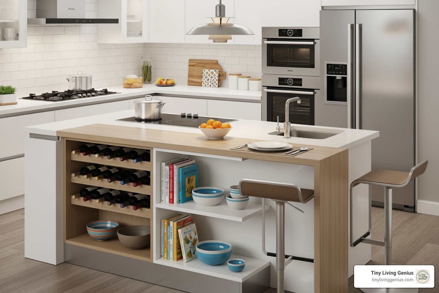island with clever integrated storage like a wine rack and open shelving - small kitchen with island and dining table