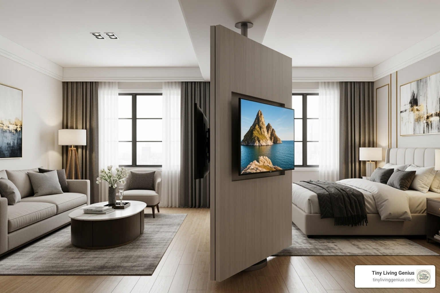 rotating TV partition wall allowing the screen to face either a living room or a master bedroom - tv rack partition design