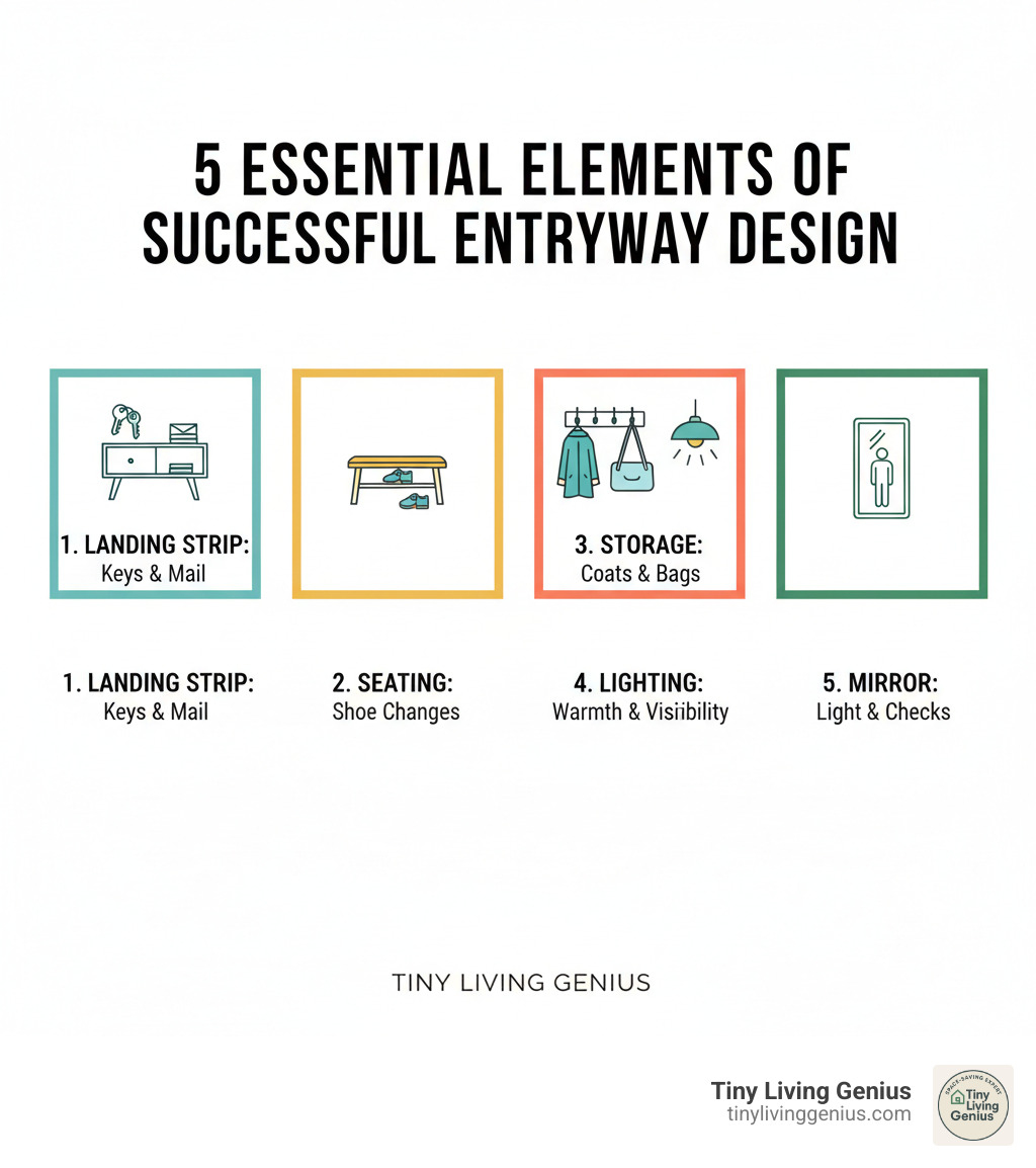 Infographic showing the 5 essential elements of successful entryway design: 1. Landing Strip - a small console or shelf for keys and mail, 2. Seating - a bench or stool for shoe changes, 3. Storage - hooks, racks, or cabinets for coats and bags, 4. Lighting - layered ambient and task lighting for visibility and warmth, 5. Mirror - wall-mounted or leaning mirror to reflect light and allow last-minute appearance checks - entryway design infographic 