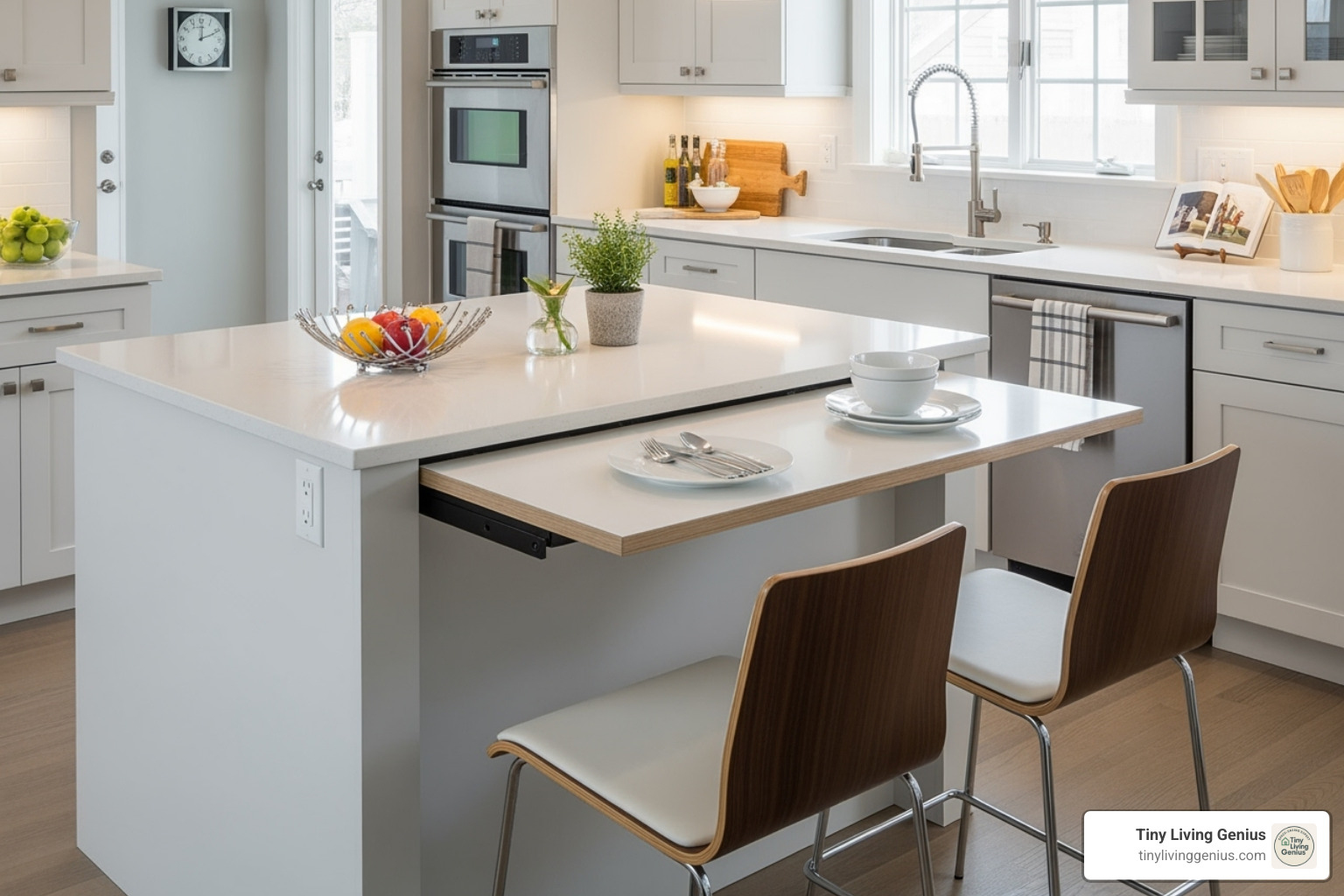 kitchen island with a drop-leaf raised for dining - small kitchen with island and dining table