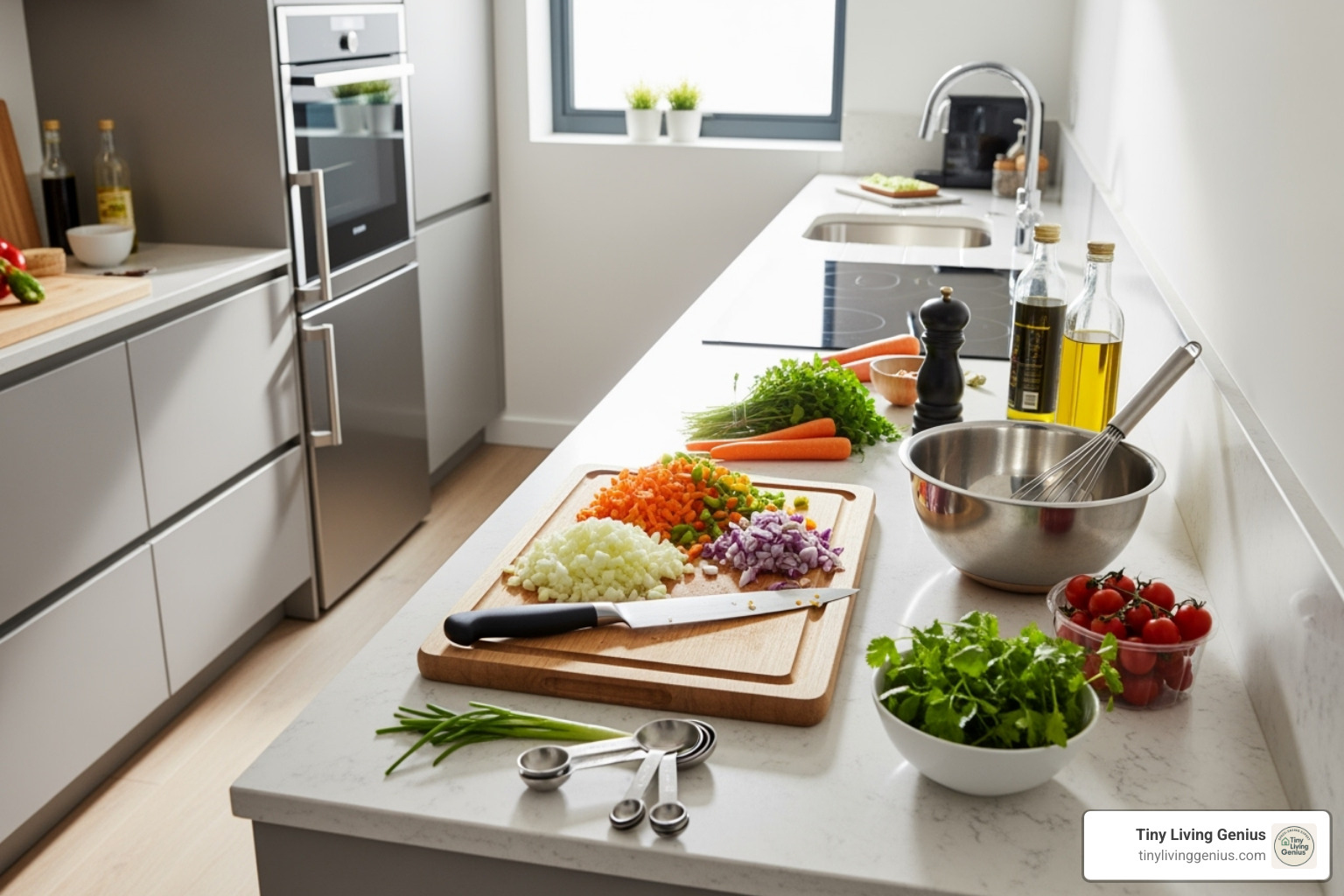 narrow island being used for meal prep - small kitchen with island and dining table