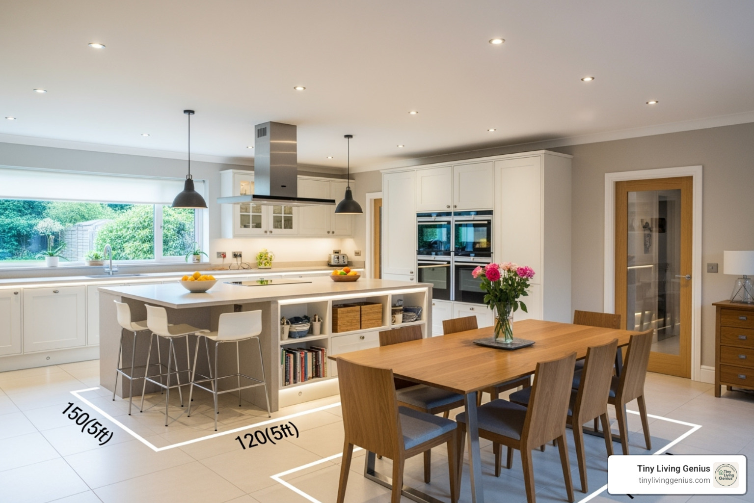 kitchen showing proper clearance around an island and dining table - small kitchen with island and dining table