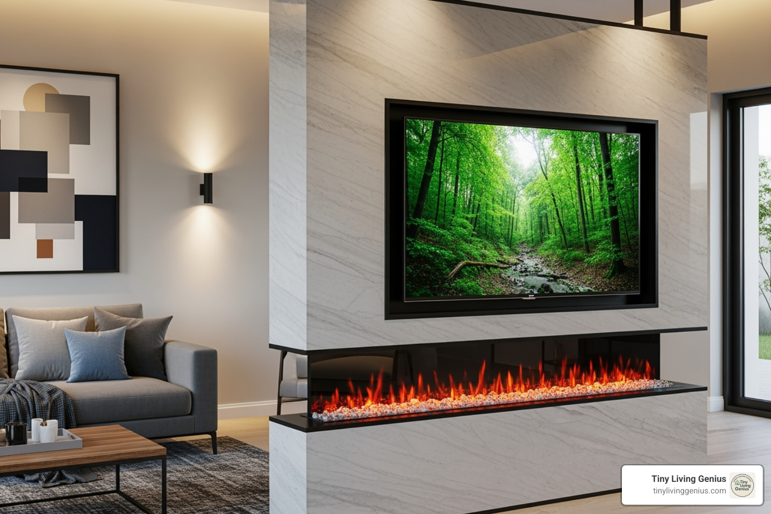 stunning partition wall featuring a sleek TV mounted above a linear electric fireplace - tv rack partition design