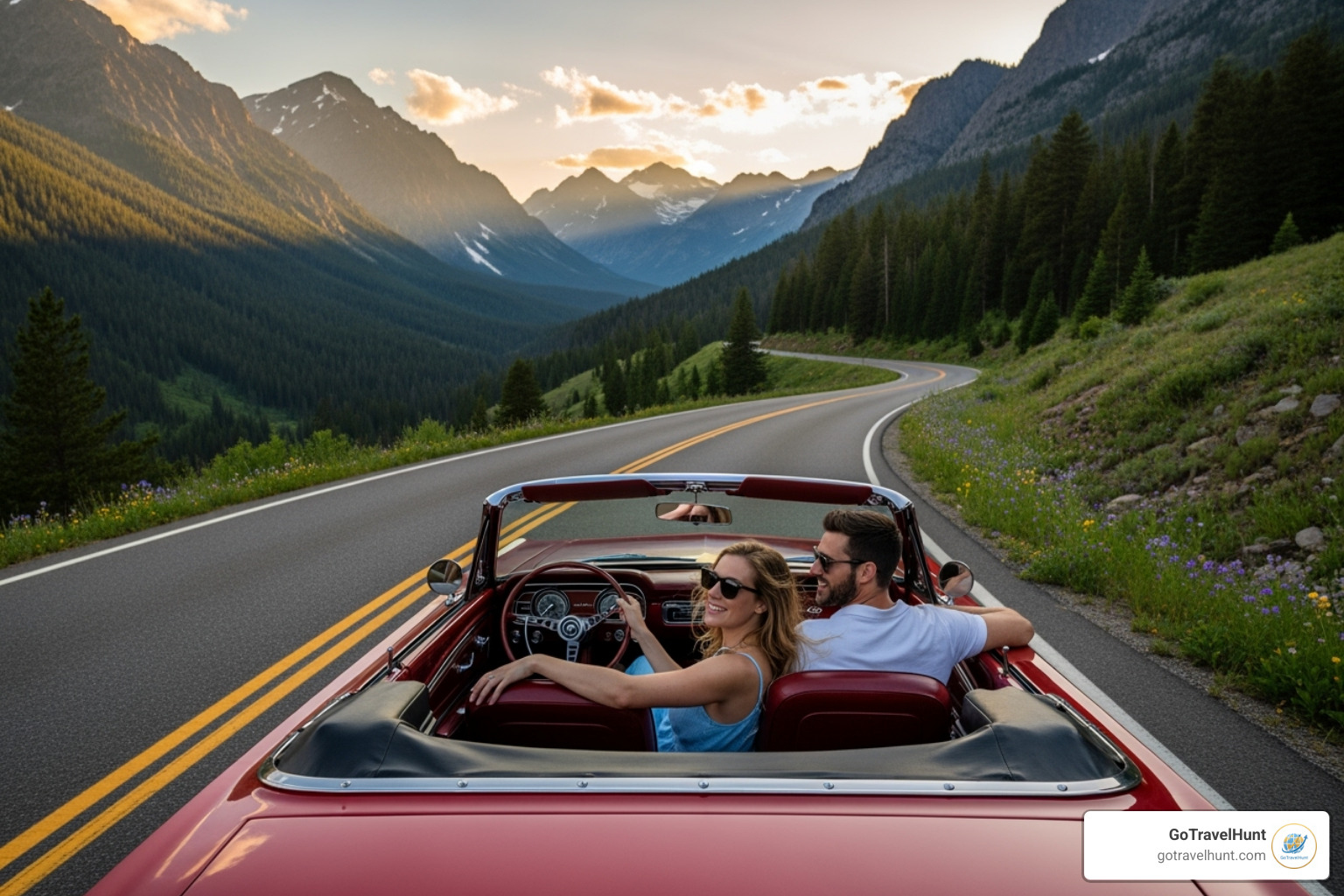 a couple enjoying a scenic drive through a national park in a classic car - 30 year anniversary trip ideas a couple enjoying a scenic drive through a national park in a classic car - 30 year anniversary trip ideas
