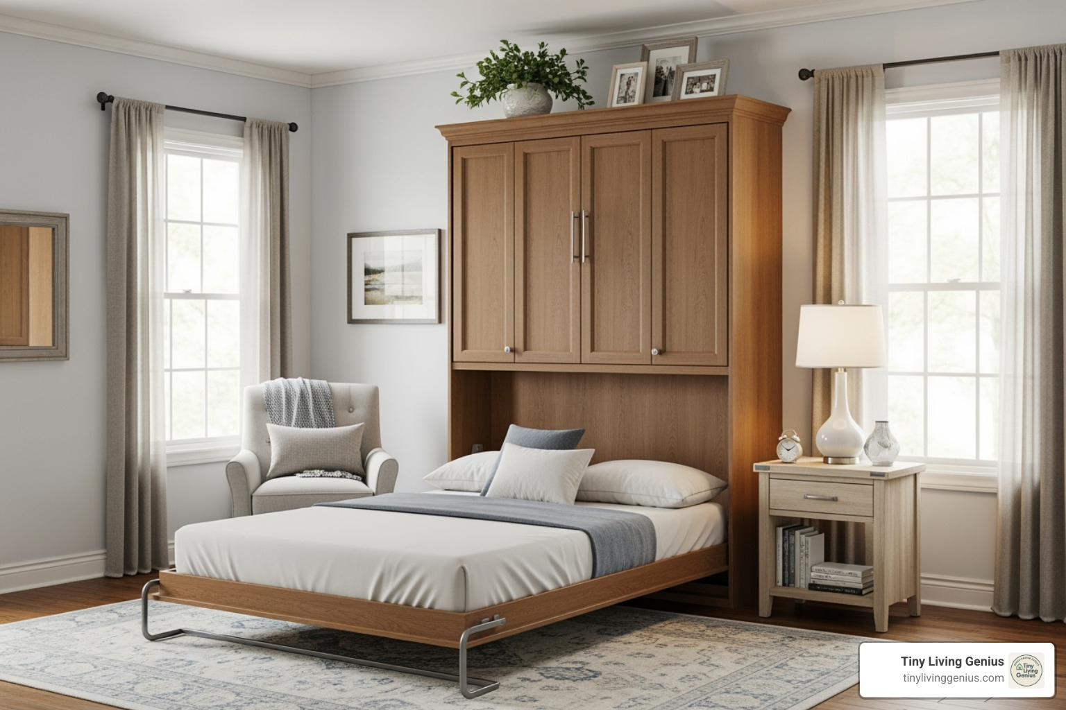 vertical queen murphy bed in guest room - space saving murphy bed