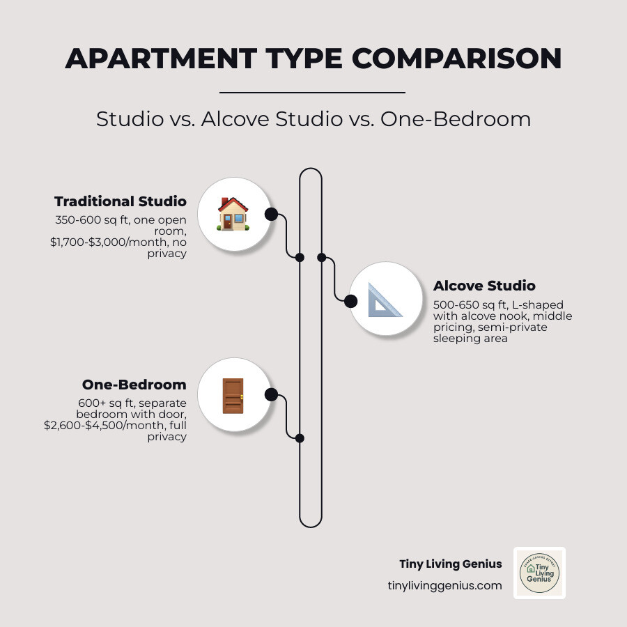 Infographic comparing Traditional Studio vs. Alcove Studio vs. One-Bedroom apartment, showing: 1) Traditional Studio (350-600 sq ft, one open room, $1,700-$3,000/month, no privacy), 2) Alcove Studio (500-650 sq ft, L-shaped with alcove nook, middle pricing, semi-private sleeping area), 3) One-Bedroom (600+ sq ft, separate bedroom with door, $2,600-$4,500/month, full privacy) - alcove studio layout infographic infographic-line-3-steps-elegant_beige