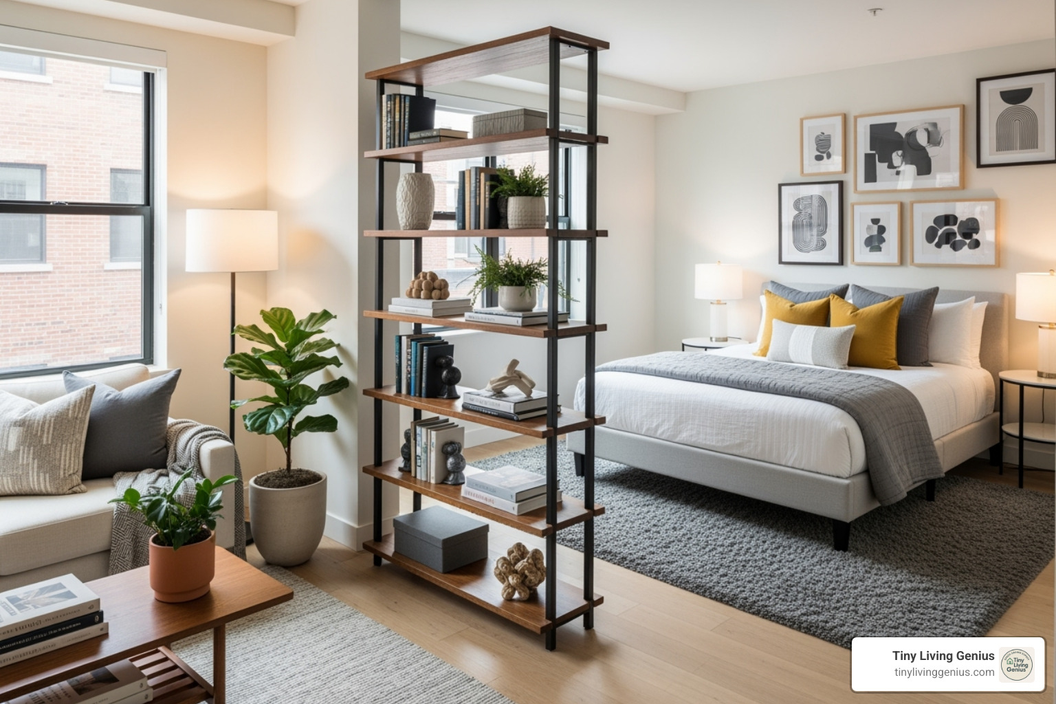 well-defined alcove space using a bookshelf as a divider - alcove studio layout