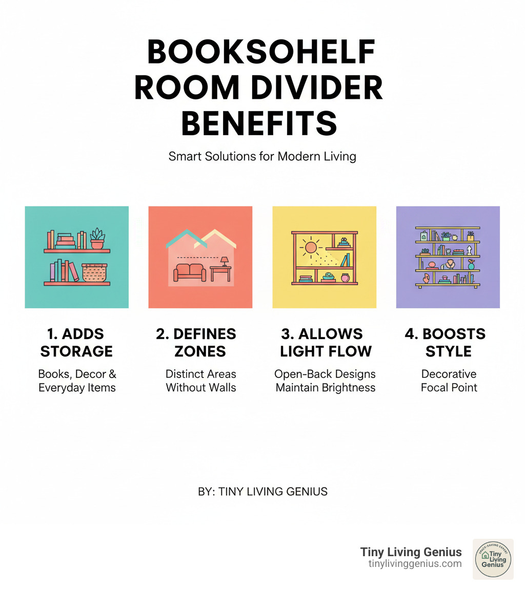 Infographic showing four key benefits of bookshelf room dividers: Adds Storage (books, decor, and everyday items), Defines Zones (creates distinct living areas without walls), Allows Light Flow (open-back designs maintain brightness), and Boosts Style (doubles as a decorative focal point) - bookshelf divider ideas infographic 