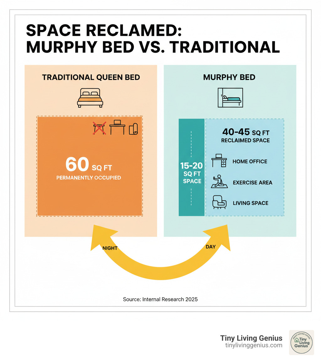Infographic comparing floor space usage: Traditional queen bed frame occupies 60 square feet permanently vs Murphy bed occupying only 15-20 square feet when folded, showing reclaimed floor space for desk, exercise area, or living space with arrows indicating the transformation from night to day configuration - space saving murphy bed infographic 