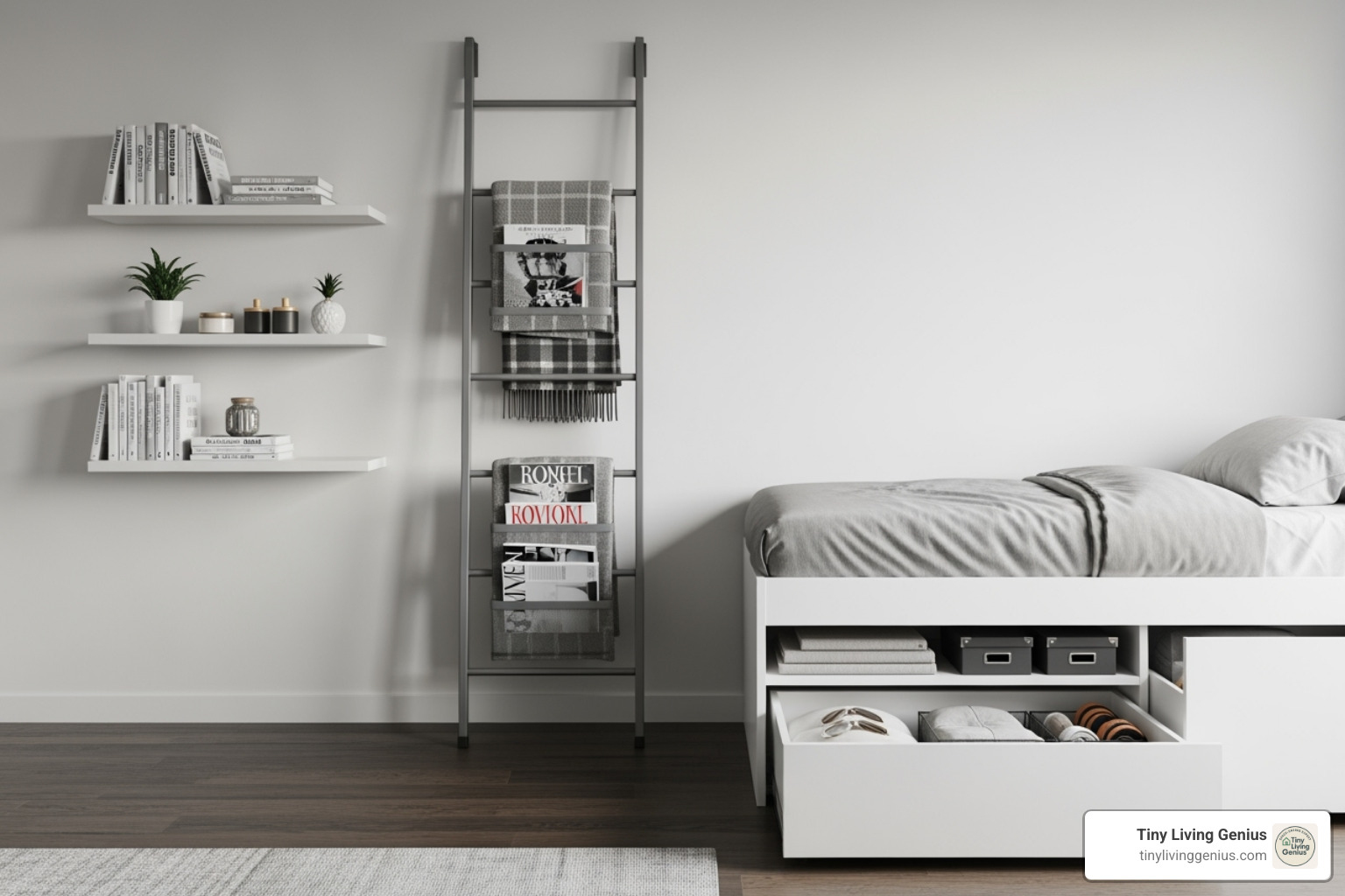 A studio apartment wall featuring a blend of creative storage solutions. There's a set of sleek wall-mounted shelves holding books and small decor, a stylish storage ladder leaning against the wall with blankets and magazines, and a bed with deep under-bed drawers pulled out slightly to reveal neatly organized items. - studio apartment layout