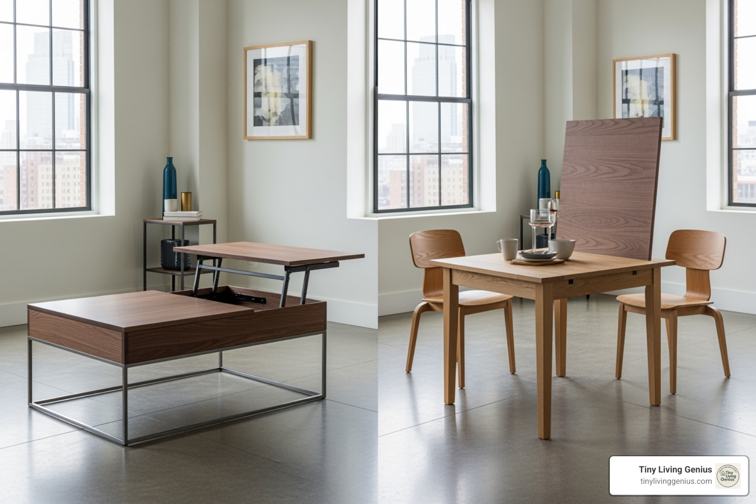 A coffee table with a sleek, minimalist design, shown transforming. In one frame, it's a compact coffee table. In the next, the top has lifted and extended to become a dining table for two, complete with two chairs. The surrounding studio apartment is modern and uncluttered. - studio apartment layout