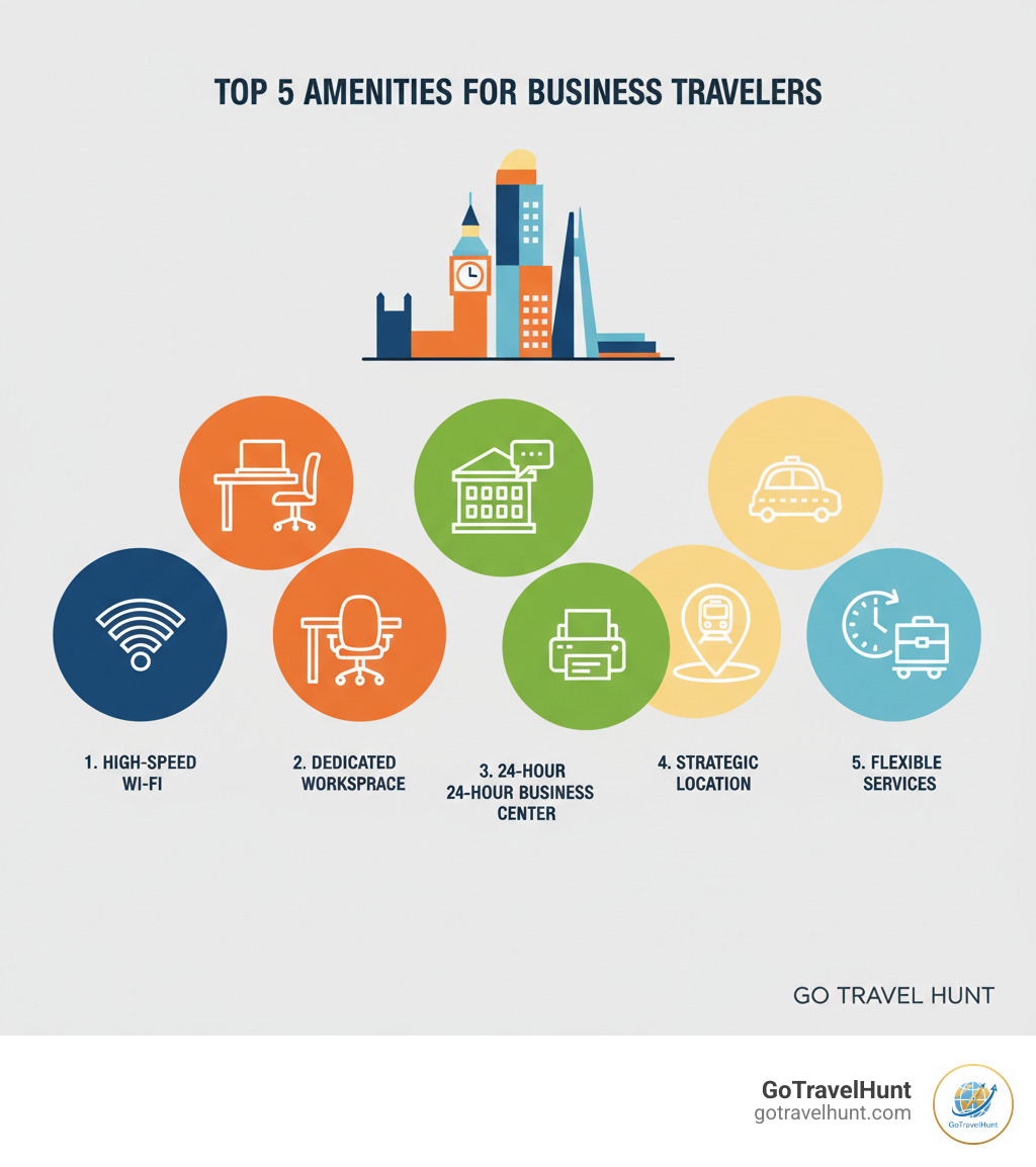 Infographic showing the top 5 must-have amenities for business travelers: 1. High-speed Wi-Fi throughout the property, 2. Dedicated workspace with ergonomic desk and chair, 3. 24-hour business center with printing and meeting facilities, 4. Strategic location near transport links and business districts, 5. Flexible services including express check-in/out and 24-hour room service - London business hotels infographic  Infographic showing the top 5 must-have amenities for business travelers: 1. High-speed Wi-Fi throughout the property, 2. Dedicated workspace with ergonomic desk and chair, 3. 24-hour business center with printing and meeting facilities, 4. Strategic location near transport links and business districts, 5. Flexible services including express check-in/out and 24-hour room service - London business hotels infographic