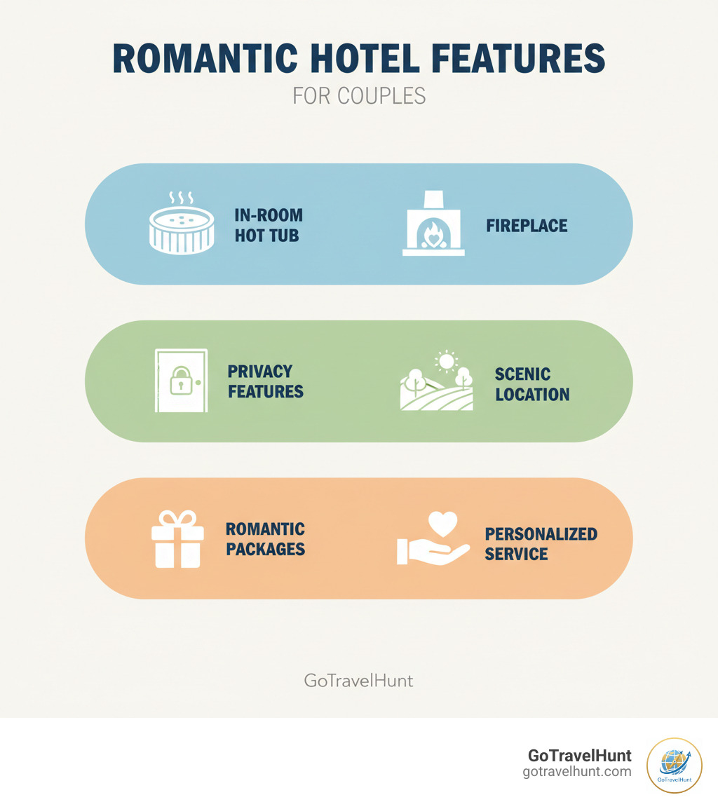 Infographic showing key romantic hotel features: in-room hot tub and fireplace in top tier, privacy features and scenic location in middle tier, romantic packages and personalized service in bottom tier, with icons for each element - hotel for couples near me infographic  Infographic showing key romantic hotel features: in-room hot tub and fireplace in top tier, privacy features and scenic location in middle tier, romantic packages and personalized service in bottom tier, with icons for each element - hotel for couples near me infographic