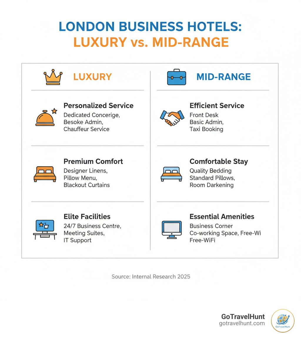 Comparison table of Luxury vs. Mid-Range London business hotels - London business hotels infographic  Comparison table of Luxury vs. Mid-Range London business hotels - London business hotels infographic