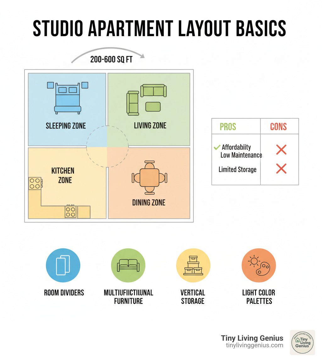 Infographic showing studio apartment layout basics: a floor plan divided into four color-coded zones (sleeping zone in blue, living zone in green, kitchen zone in yellow, dining zone in orange) with typical square footage ranges (200-600 sq ft), a pros/cons comparison table showing affordability and low maintenance versus lack of privacy and limited storage, and icons representing key layout strategies including room dividers, multifunctional furniture, vertical storage, and light color palettes - studio apartment layout infographic 