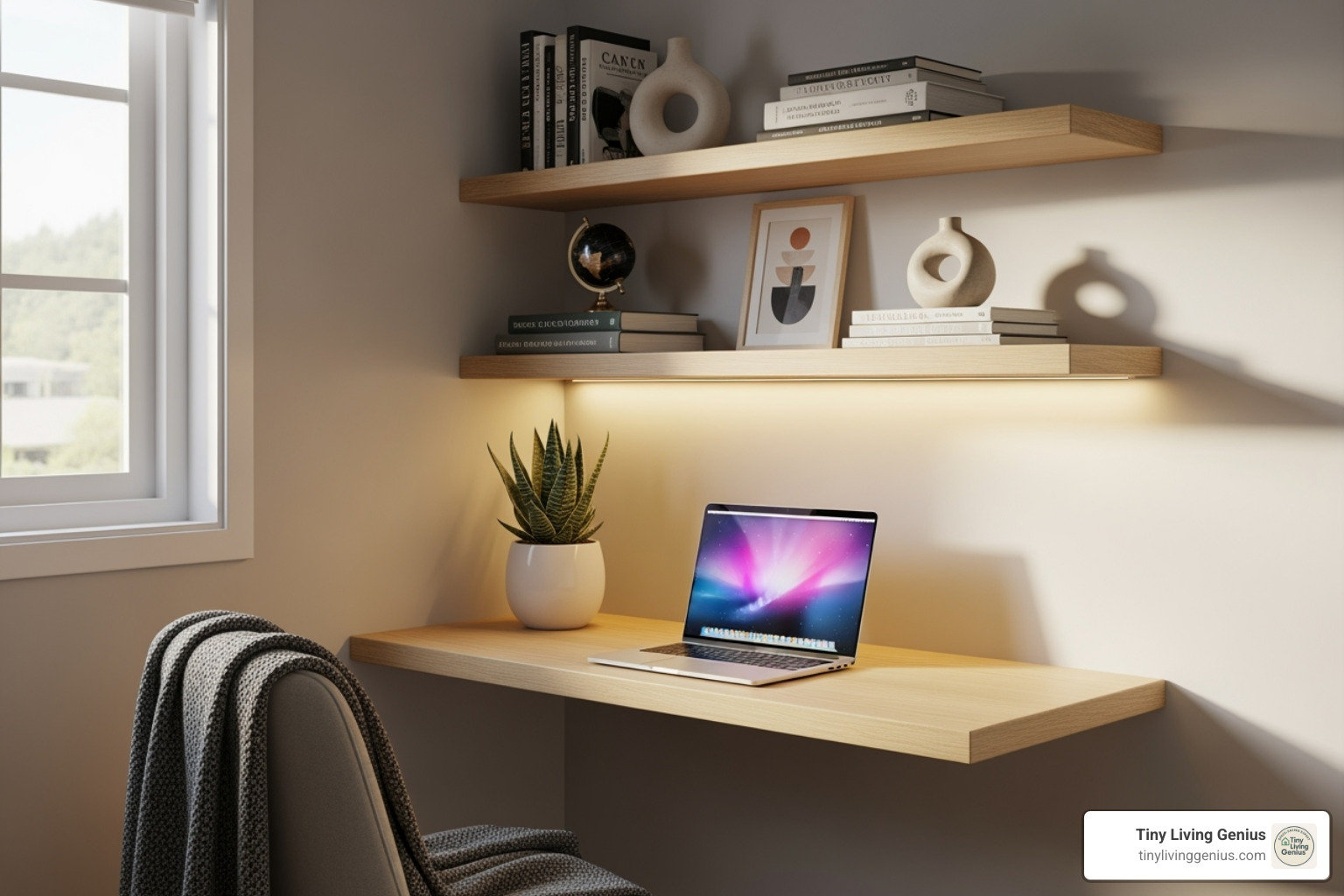 cozy corner with wall-mounted floating desk and shelves - tiny home furniture