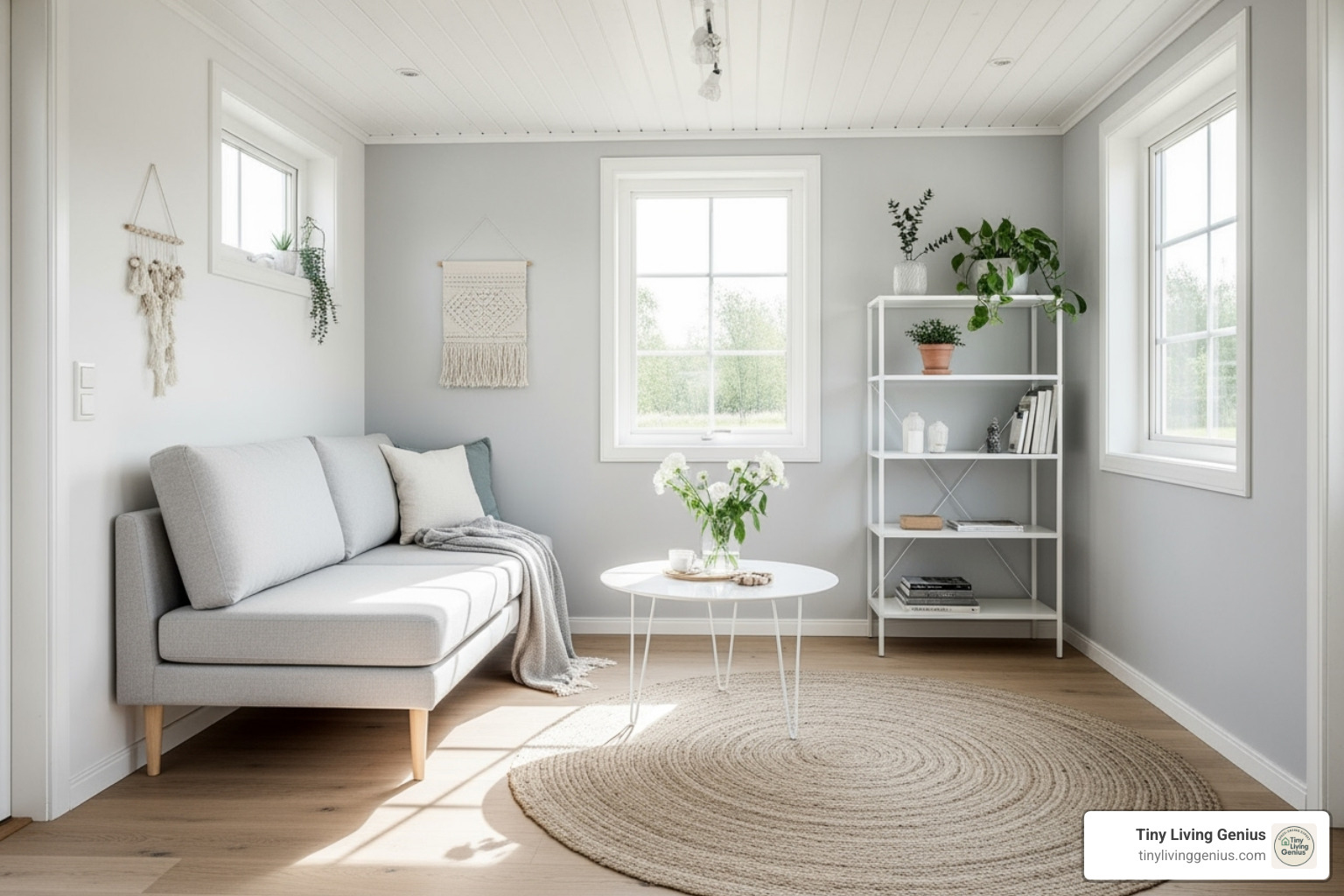 tiny home living area with leggy furniture and light color scheme - tiny home furniture