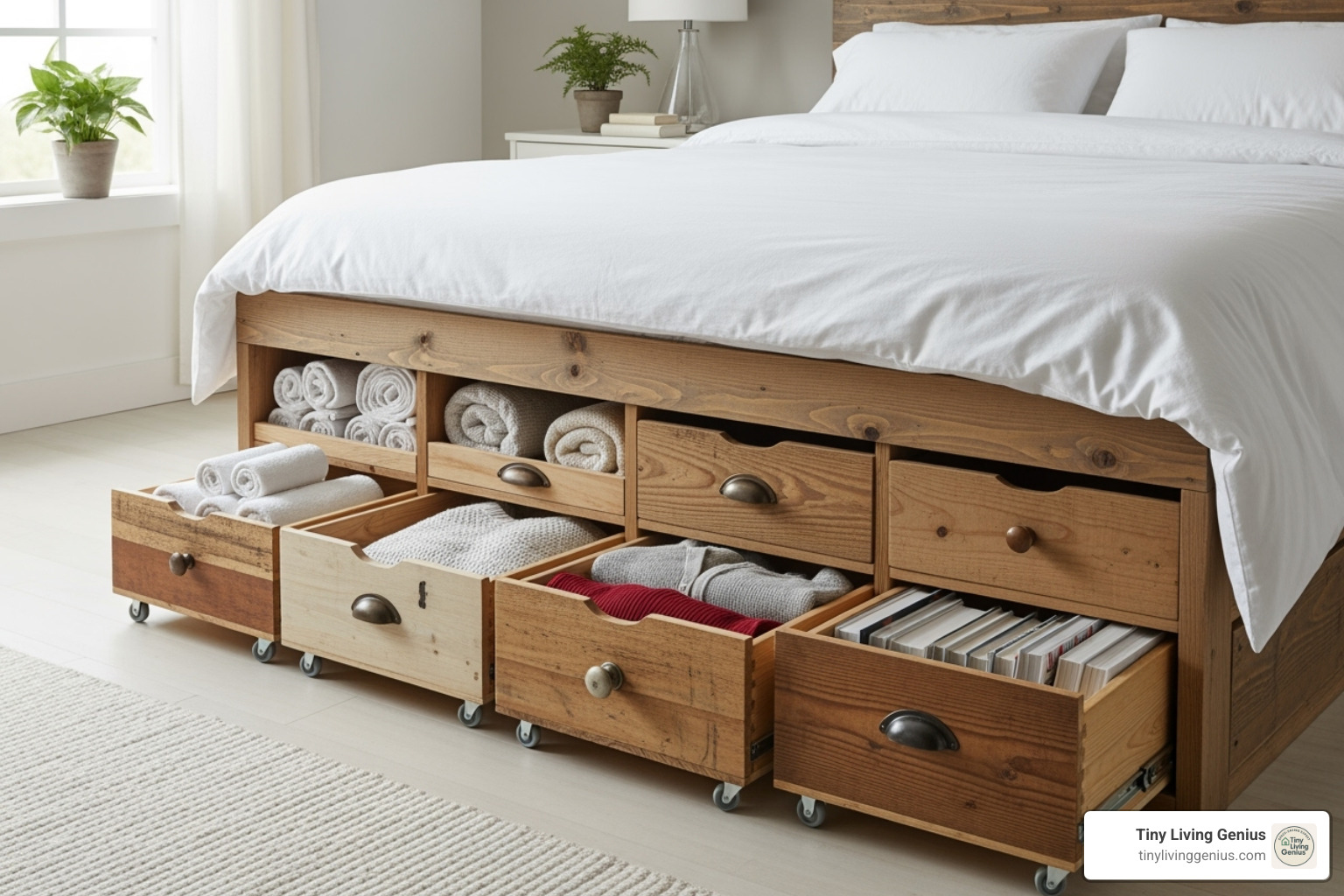 stylish DIY under-bed storage project, like upcycled drawers on casters - under bed storage ideas