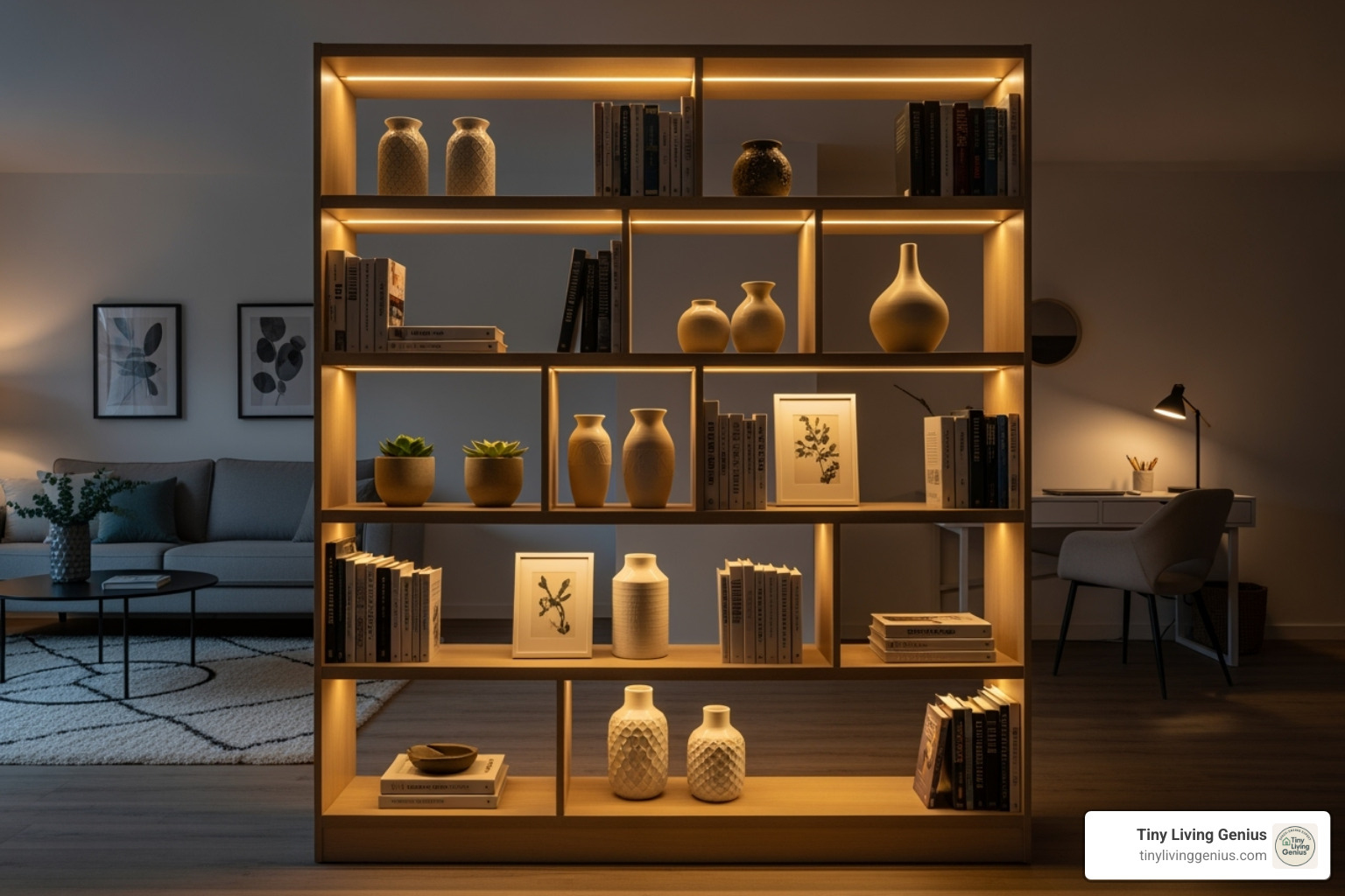 bookshelf divider with integrated LED strip lighting - bookshelf divider ideas