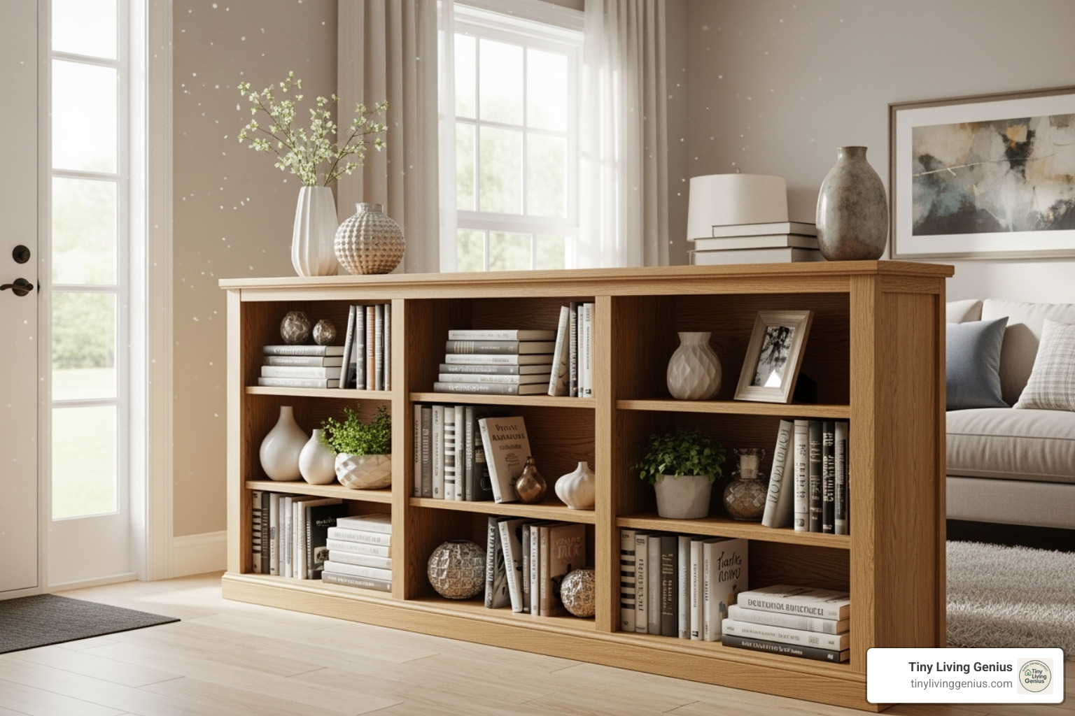 low, wide bookcase creating an entryway - bookshelf divider ideas