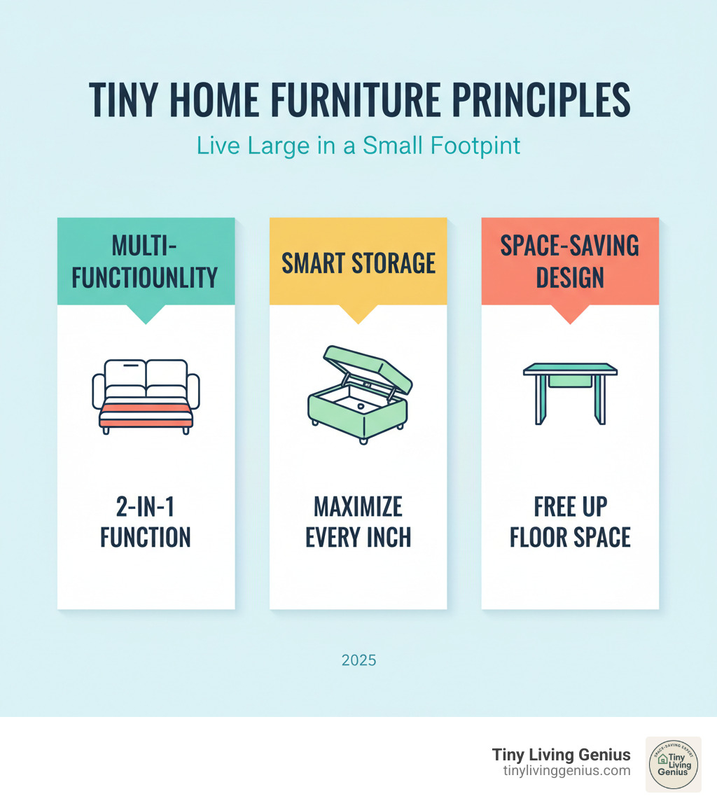 Infographic showing three pillars of tiny home furniture: Multi-functionality (sofa bed icon with "2-in-1 function"), Smart Storage (ottoman with hidden compartment icon with "maximize every inch"), and Space-Saving Design (wall-mounted desk icon with "free up floor space") - tiny home furniture infographic 