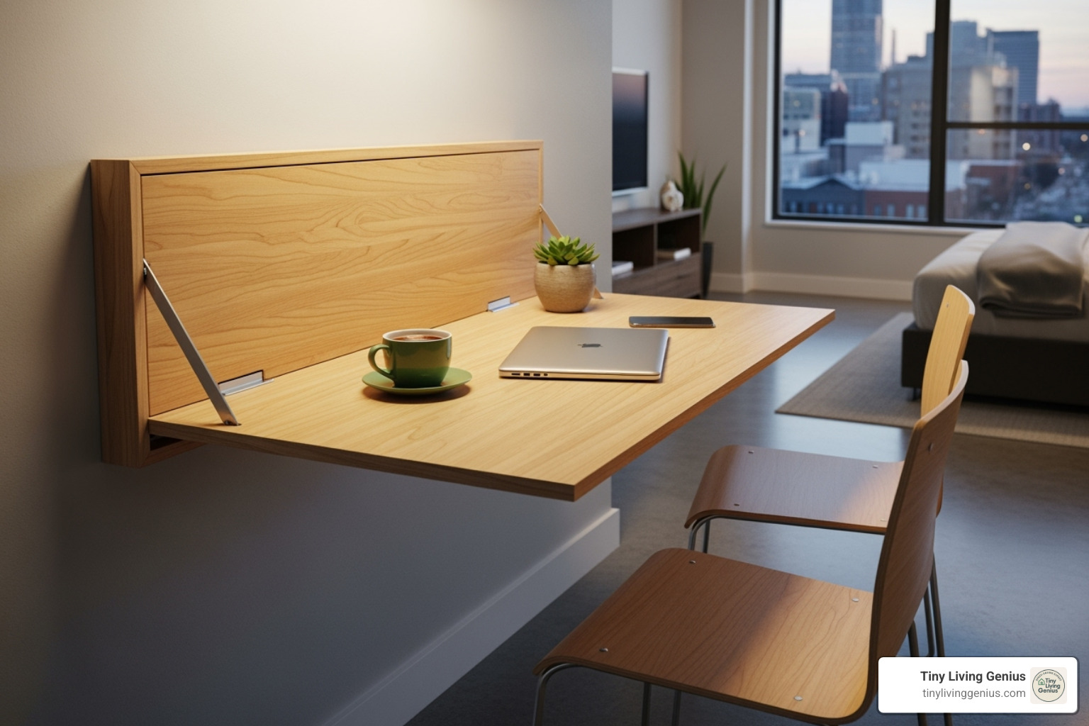 sleek, wall-mounted fold-down table in a studio apartment - small space dining tables