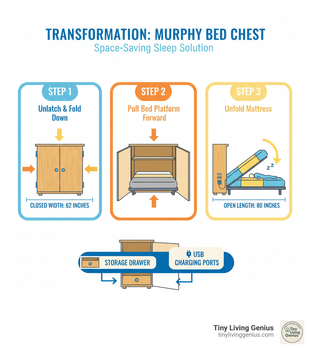 Infographic showing how a murphy bed chest transforms from a closed cabinet to an open bed in three steps: Step 1 - Unlatch side mechanisms and fold down front cabinet doors, Step 2 - Pull bed platform forward, Step 3 - Unfold tri-fold mattress to create full sleeping surface. Includes dimensions showing closed width of 62 inches and open length of 80 inches, plus callouts highlighting storage drawer at bottom and USB charging ports on side - space saving murphy bed chest infographic 