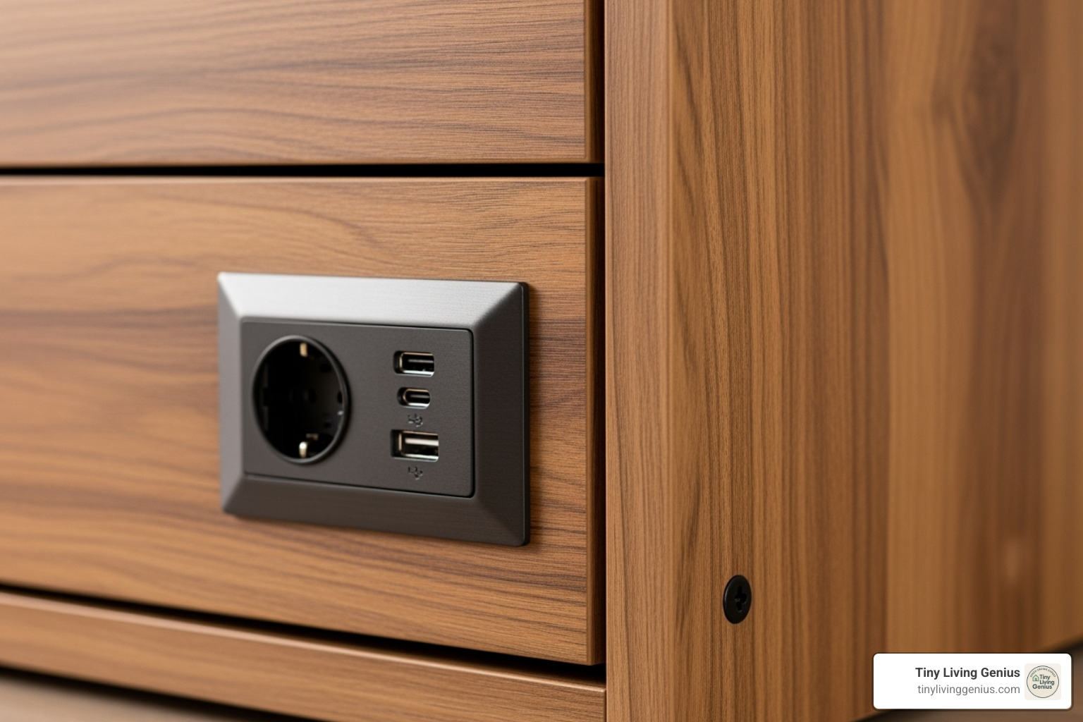 A close-up shot of a sleek, built-in USB charging port and electrical outlet integrated into the side of a Murphy bed chest. - space saving murphy bed chest