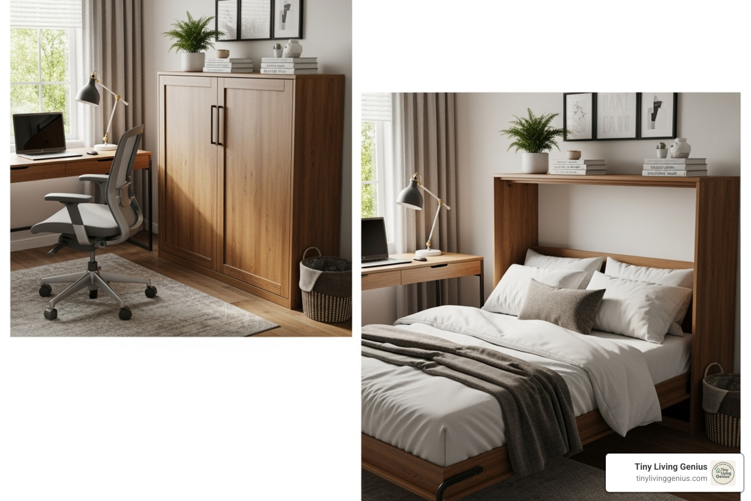A cozy home office with a closed Murphy bed chest acting as a credenza, and the same room with the bed chest open, revealing a comfortable bed. - space saving murphy bed chest