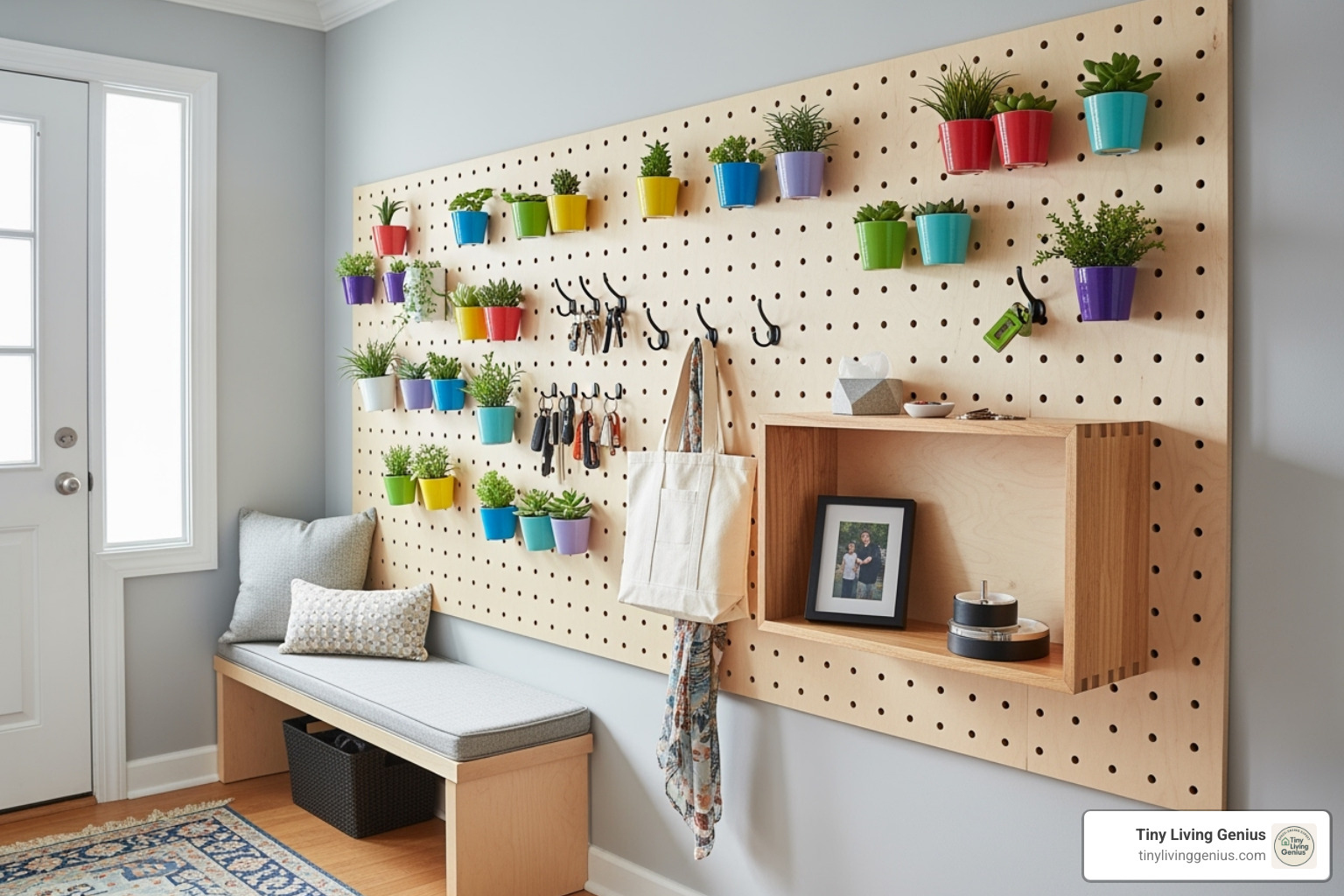 DIY pegboard wall with colorful accessories and plants - small space entryway ideas