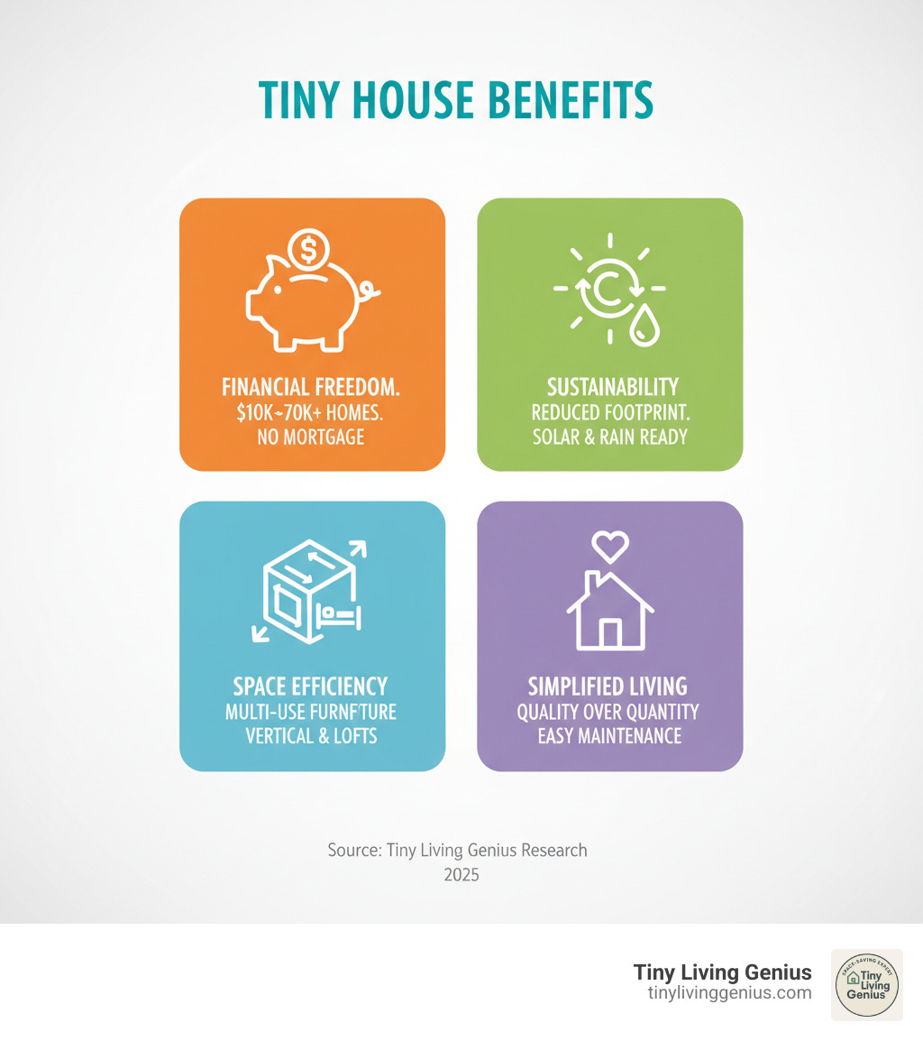 Infographic showing the benefits of tiny house living: Financial Freedom (homes built for $10,000-$70,000+, no mortgage), Sustainability (reduced carbon footprint, solar-ready options, rainwater collection), Space Efficiency (multi-functional furniture, vertical storage, lofted sleeping areas), and Simplified Living (quality over quantity, minimalist lifestyle, easier maintenance) - tiny house design infographic 