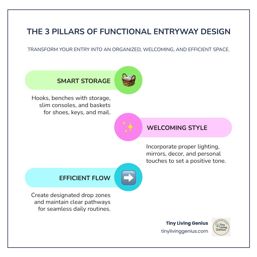 Infographic showing the three pillars of functional entryway design: Smart Storage (including hooks, benches, and cabinets), Welcoming Style (featuring lighting, mirrors, and decor), and Efficient Flow (with designated drop zones and clear pathways) - Functional entryway design infographic infographic-line-3-steps-colors