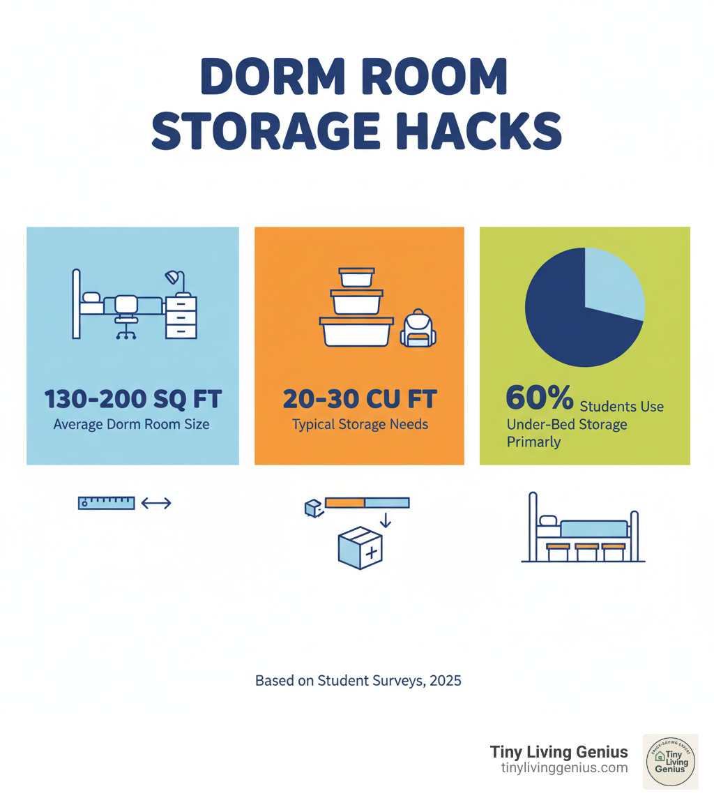 infographic showing dorm room dimensions, typical storage capacity needed, and percentage of students who use under-bed storage as their primary organization solution - under bed dorm storage ideas infographic showing dorm room dimensions, typical storage capacity needed, and percentage of students who use under-bed storage as their primary organization solution - under bed dorm storage ideas