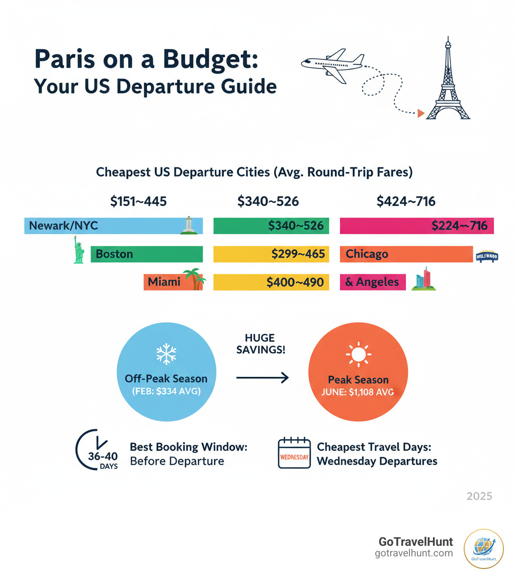 Infographic showing cheapest US departure cities to Paris with average prices: Newark/NYC at $151-$445, Boston at $340-$526, Miami at $299-$465, Chicago at $400-$490, and Los Angeles at $424-$716. Chart includes peak season (June: $1,108 avg) vs off-peak season (February: $334 avg) comparison, best booking window (36-40 days in advance), and cheapest travel days (Wednesday departures) - cheapest city to fly to paris from us infographic  Infographic showing cheapest US departure cities to Paris with average prices: Newark/NYC at $151-$445, Boston at $340-$526, Miami at $299-$465, Chicago at $400-$490, and Los Angeles at $424-$716. Chart includes peak season (June: $1,108 avg) vs off-peak season (February: $334 avg) comparison, best booking window (36-40 days in advance), and cheapest travel days (Wednesday departures) - cheapest city to fly to paris from us infographic