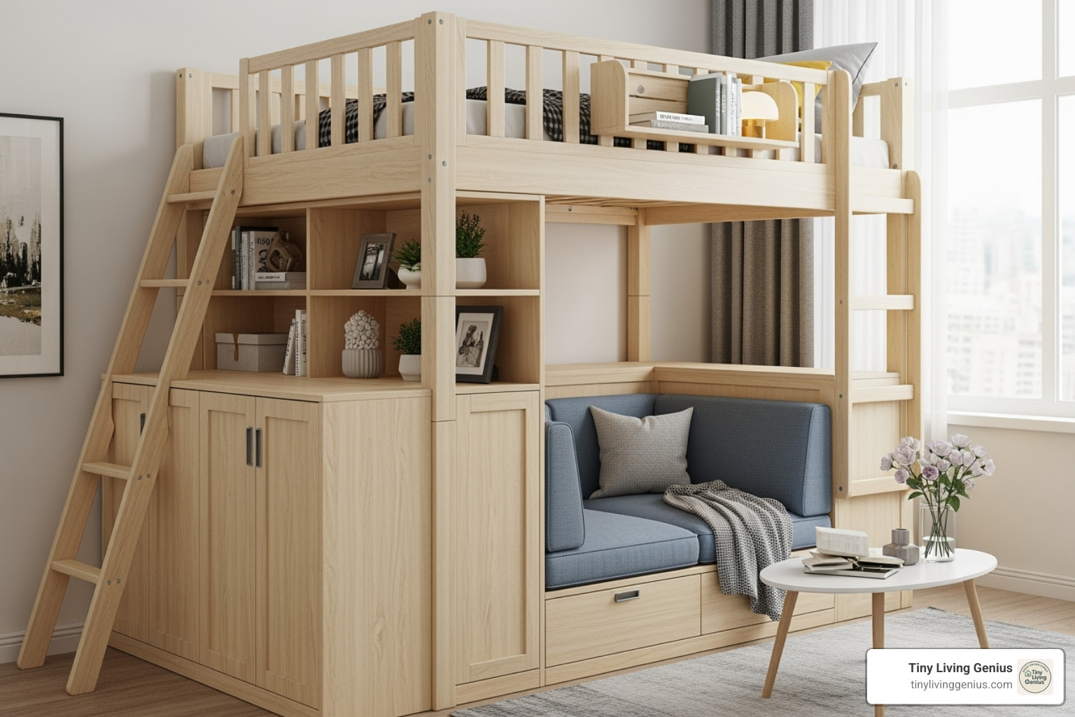 A lofted bed with integrated storage and seating below, showcasing creative space-saving layout - tiny house design