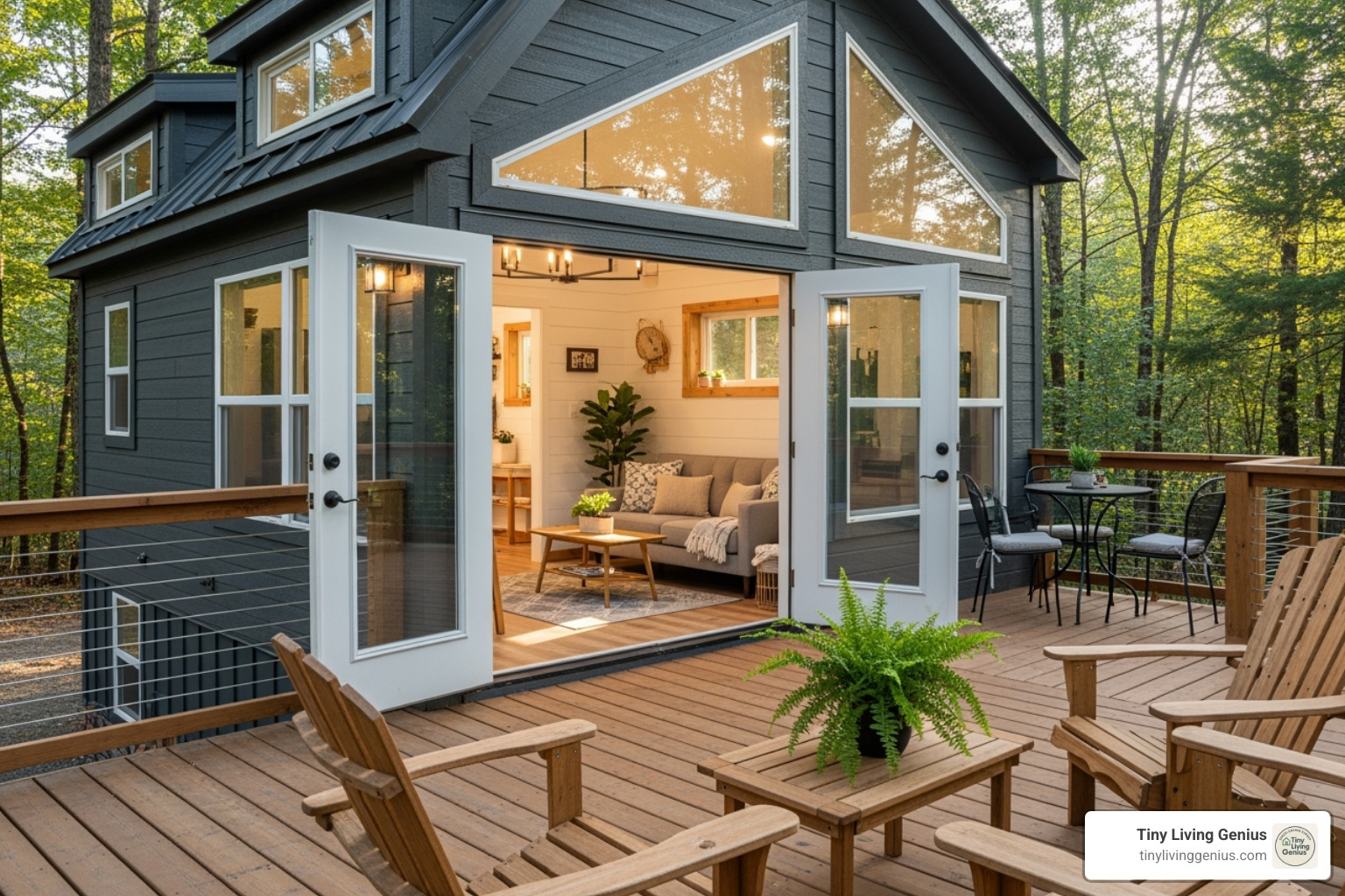 A tiny house with a large deck and open french doors, blending indoor and outdoor living - tiny house design
