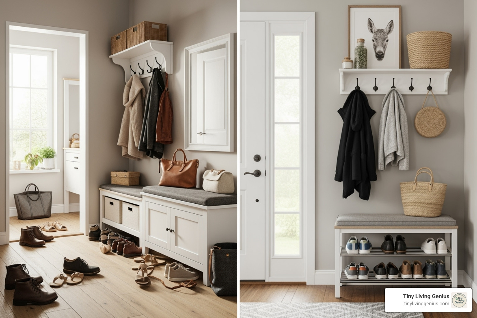 Side-by-side comparison of a cluttered, poorly designed entryway with shoes and coats strewn about, versus a clean, functional one with organized storage and inviting decor - Functional entryway design