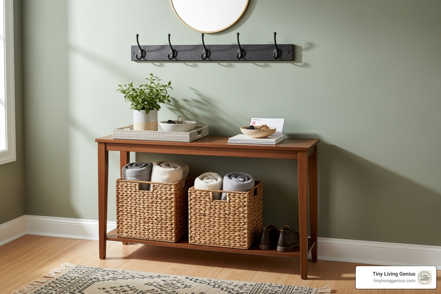 Slim console table with baskets underneath and wall-mounted hooks above, a perfect example of maximizing entryway storage - Functional entryway design