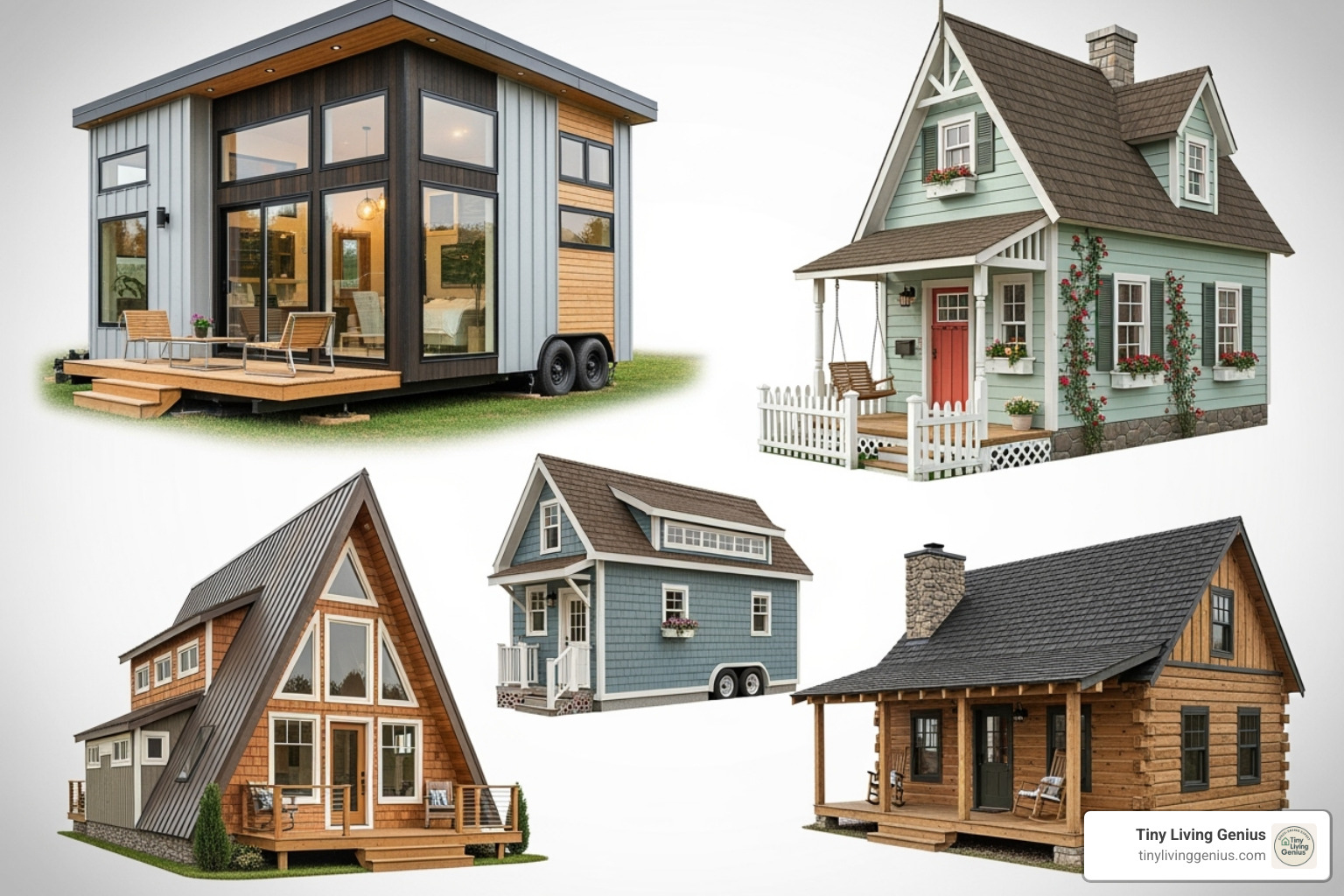 A collage showcasing different tiny house styles including modern, cottage, A-frame, and cabin designs - tiny house design