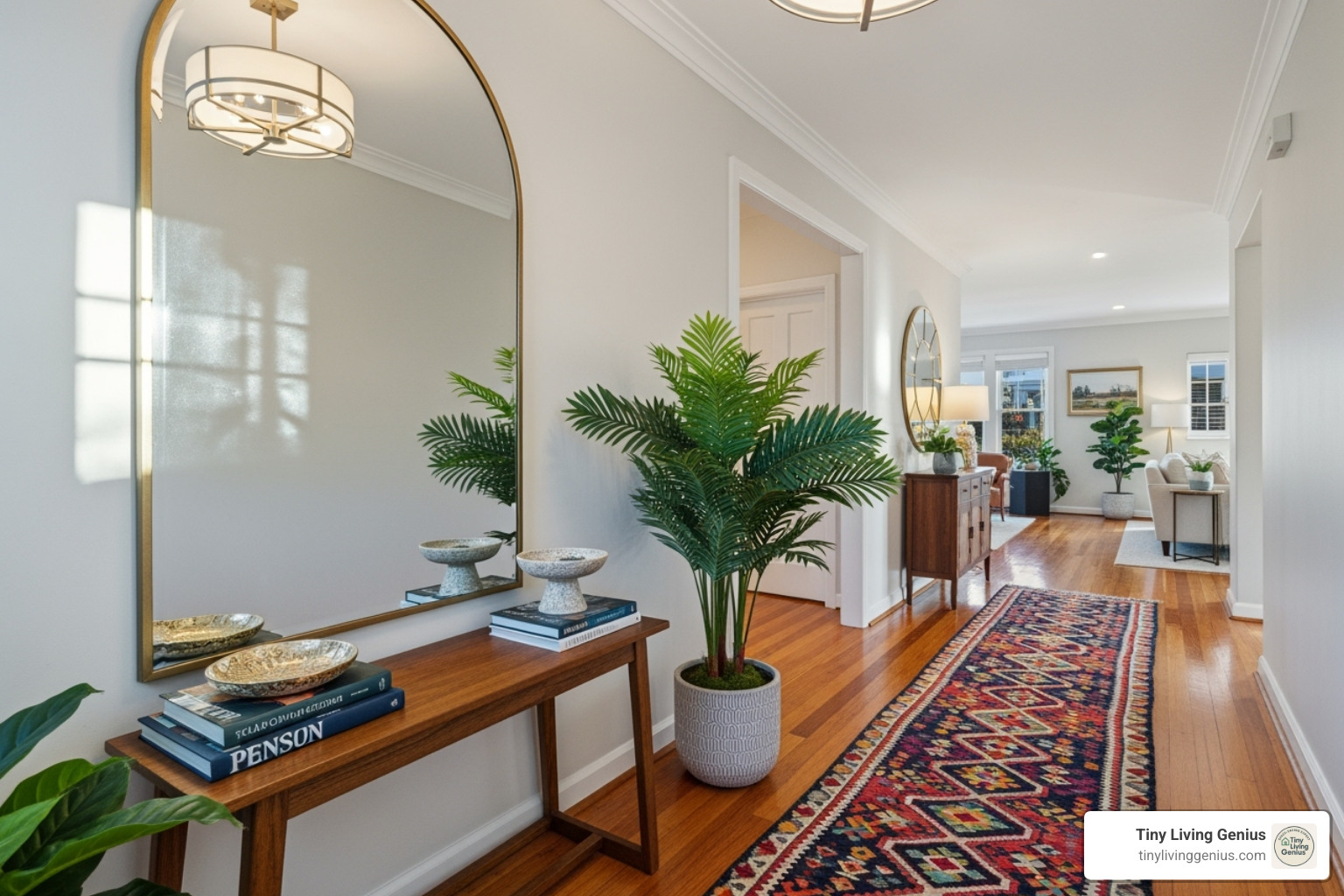A well-lit entryway featuring a statement mirror, a lush plant, and a colorful runner rug, reflecting a warm and inviting atmosphere - Functional entryway design