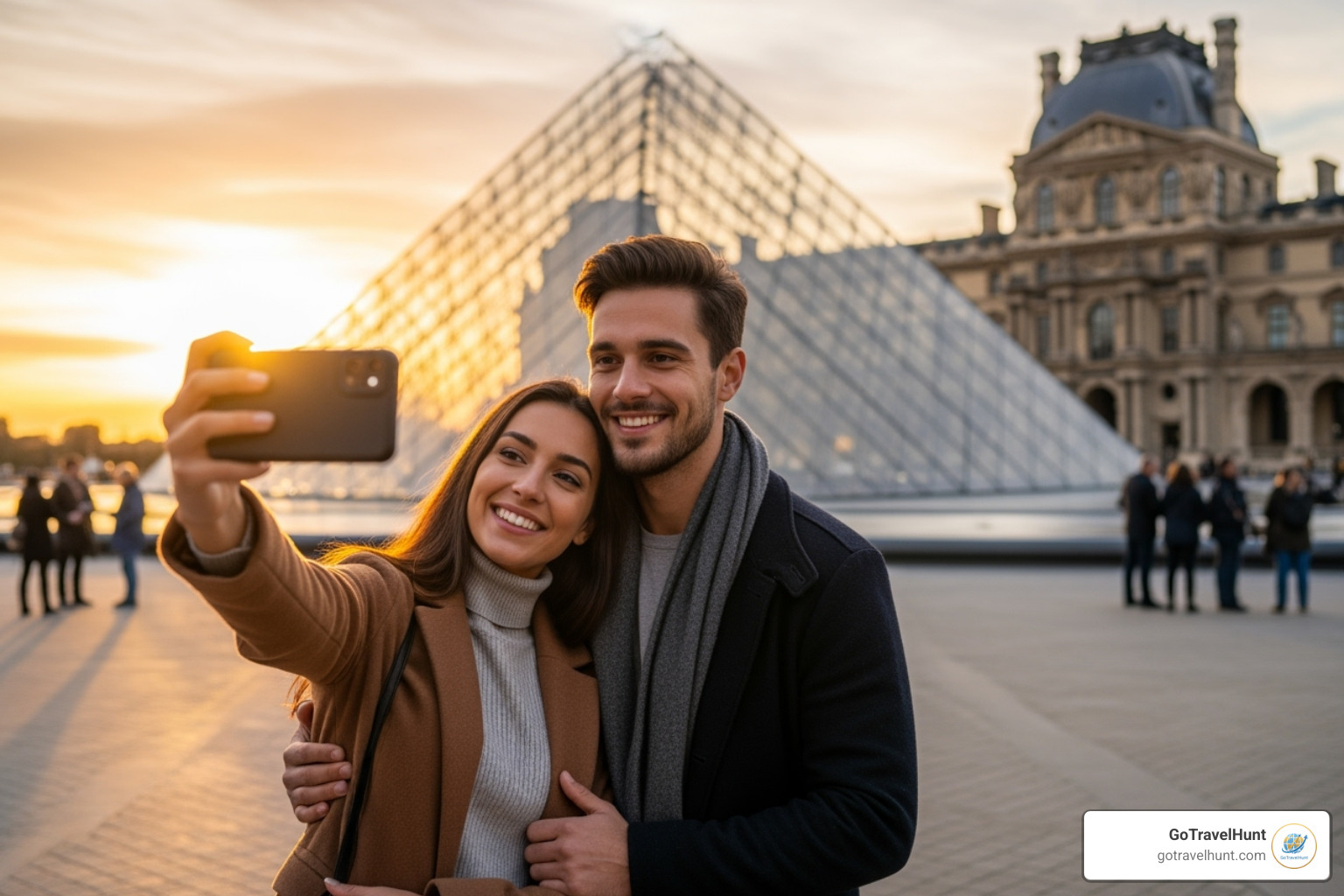 happy couple taking a selfie in front of the Louvre Pyramid - cheapest city to fly to paris from us happy couple taking a selfie in front of the Louvre Pyramid - cheapest city to fly to paris from us