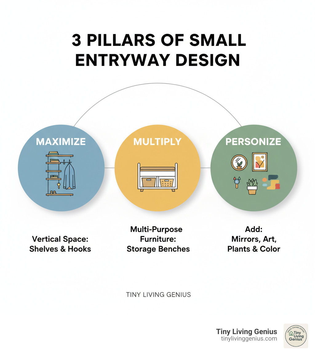 Infographic showing the 3 pillars of small entryway design: Maximize (use vertical space with shelves and hooks), Multiply (choose furniture that serves multiple purposes like storage benches), and Personalize (add mirrors, art, plants, and color to create welcoming atmosphere) - small space entryway ideas infographic 