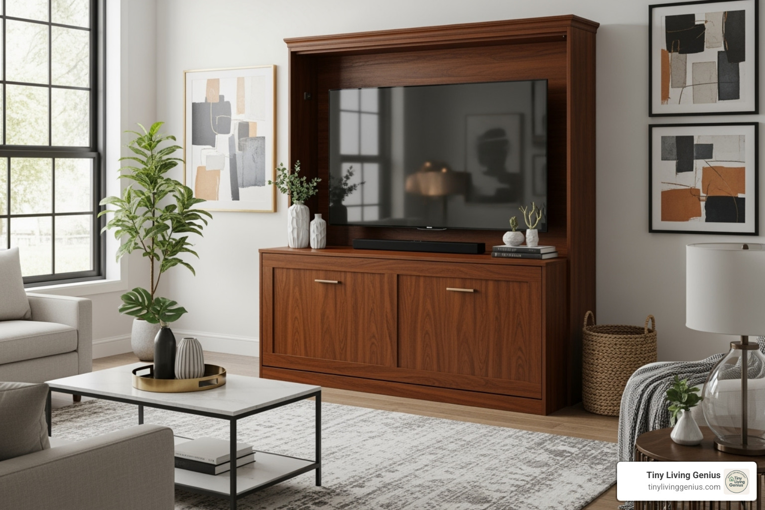 A stylish Murphy bed chest with a large flat-screen TV on top, blending into a modern living room as an entertainment console. - space saving murphy bed chest