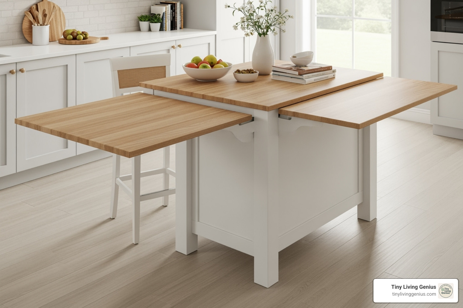 Drop-leaf kitchen island with one leaf extended, featuring a light wood top and white base, with a single bar stool tucked underneath - small kitchen table island