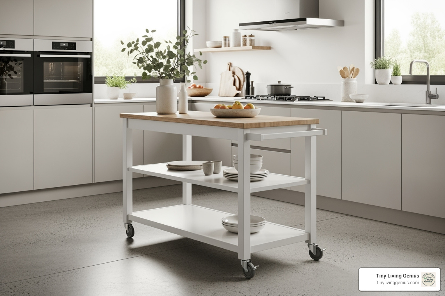 Kitchen with a modern rolling cart island, featuring a light wood top and white shelves, with caster wheels visible - small kitchen table island