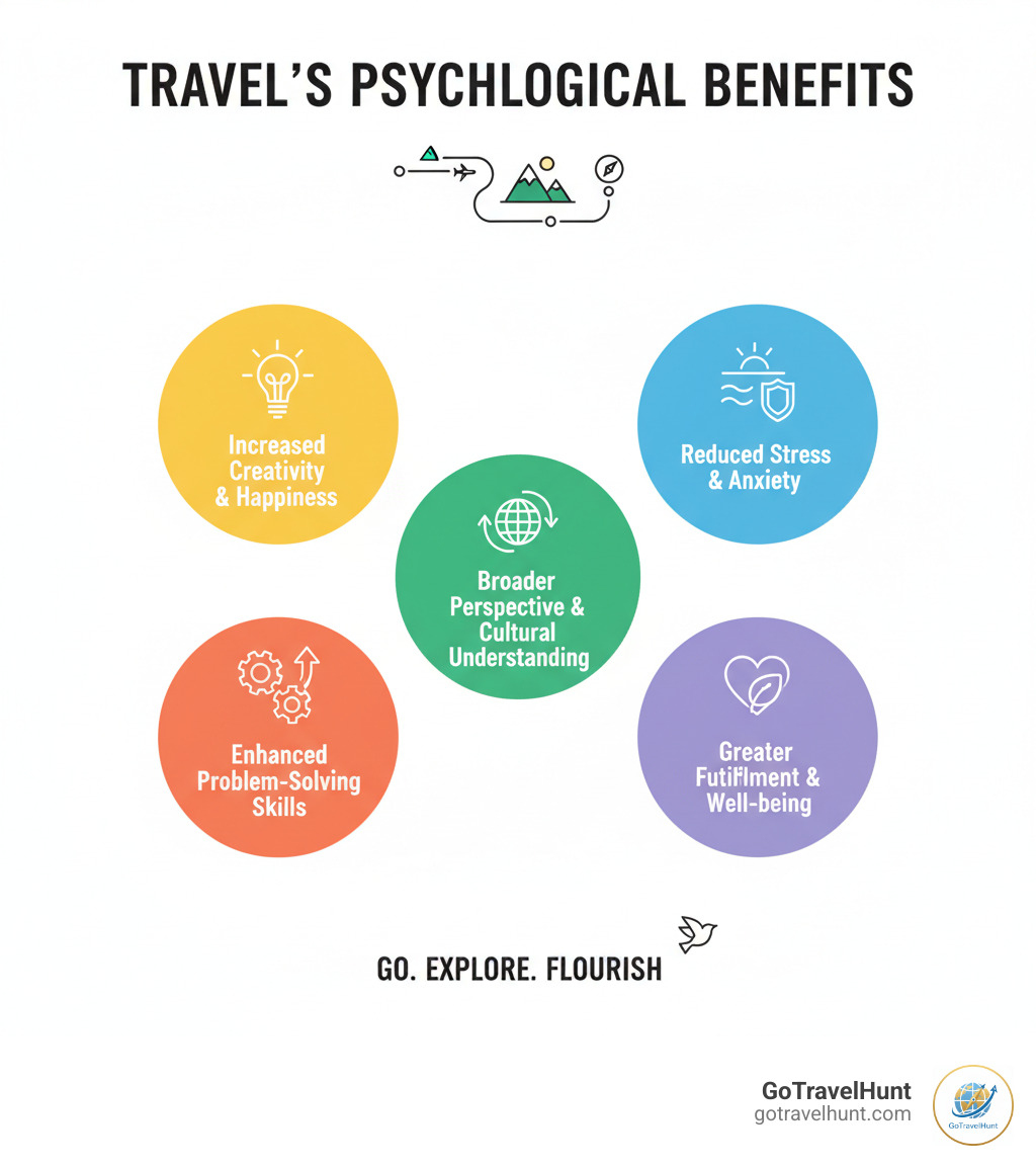 Infographic showing the psychological benefits of travel including increased creativity and happiness, reduced stress and anxiety, broader perspective and cultural understanding, enhanced problem-solving skills, and greater sense of fulfillment and well-being - inspirational quotes on travel infographic  Infographic showing the psychological benefits of travel including increased creativity and happiness, reduced stress and anxiety, broader perspective and cultural understanding, enhanced problem-solving skills, and greater sense of fulfillment and well-being - inspirational quotes on travel infographic
